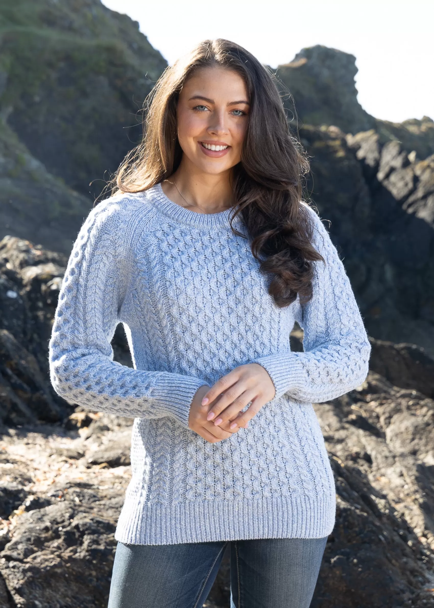 Aran Sweaters^Original Aran Company Ladies Slim-Fit Aran Sweater | Sky Blue