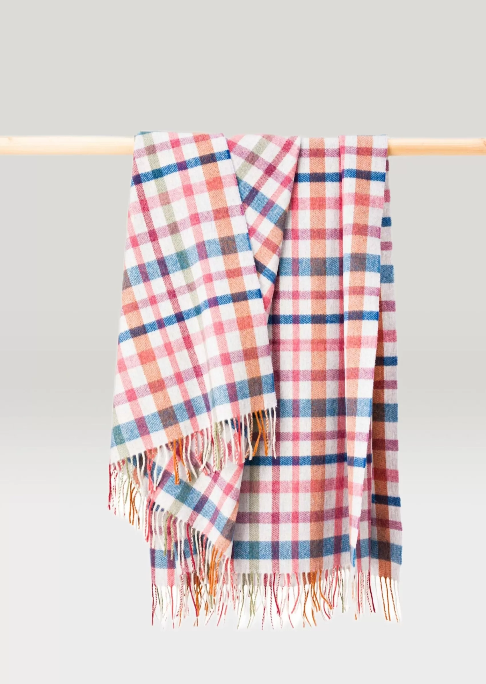 Blankets & Throws | Lambswool Blankets^John Hanly Lambswool Throw Grey Peach Rust Blue Green Check