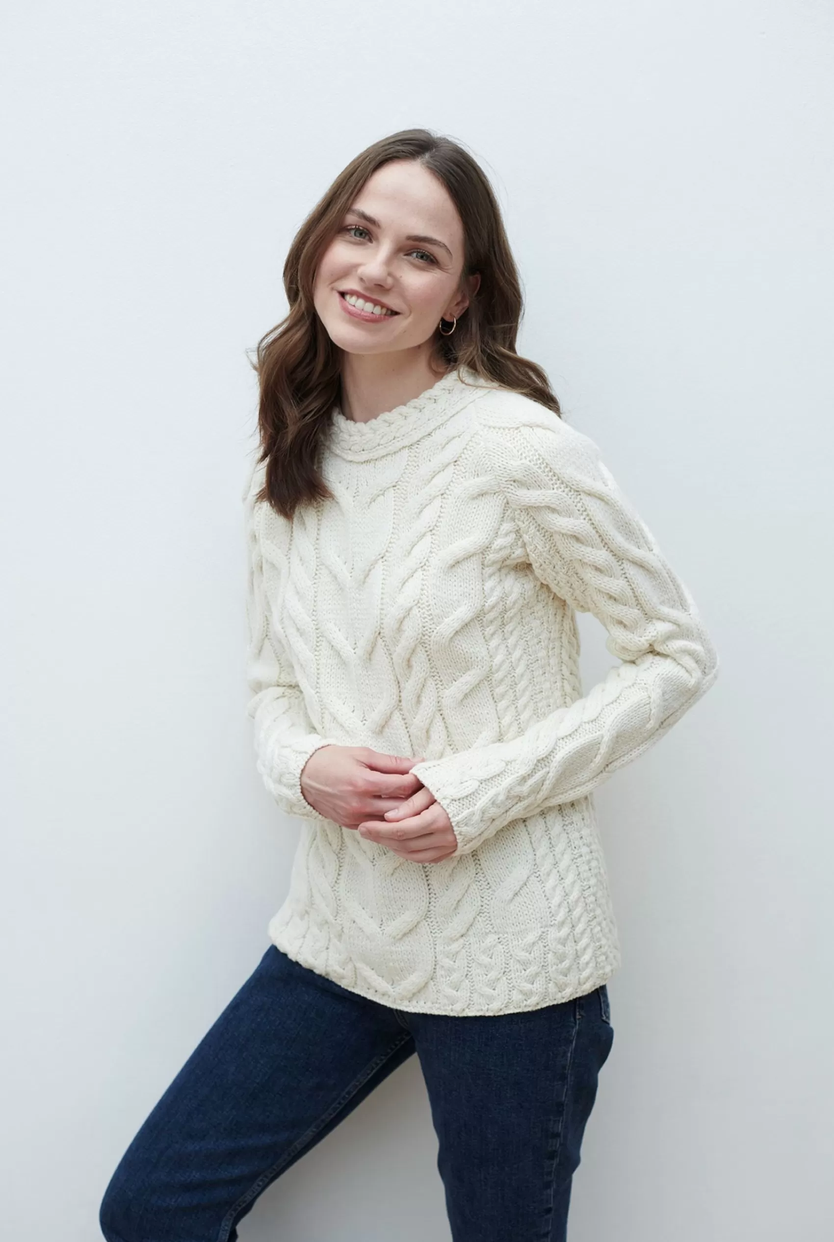 Aran Sweaters^Aran Woollen Mills Listowel Ladies Aran Cabled Sweater | Natural