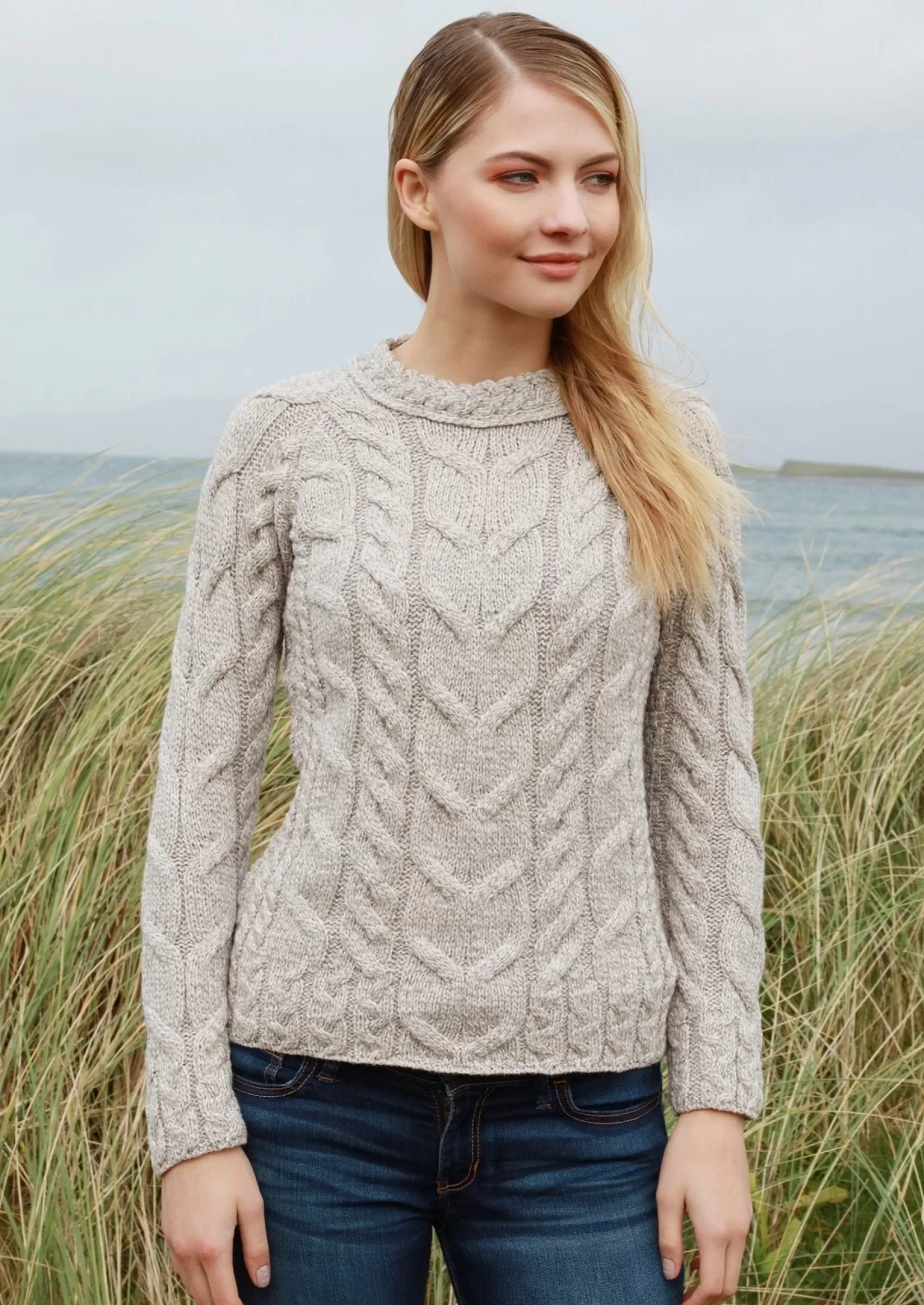 Aran Sweaters^Aran Woollen Mills Listowel Ladies Aran Cabled Sweater | Oatmeal