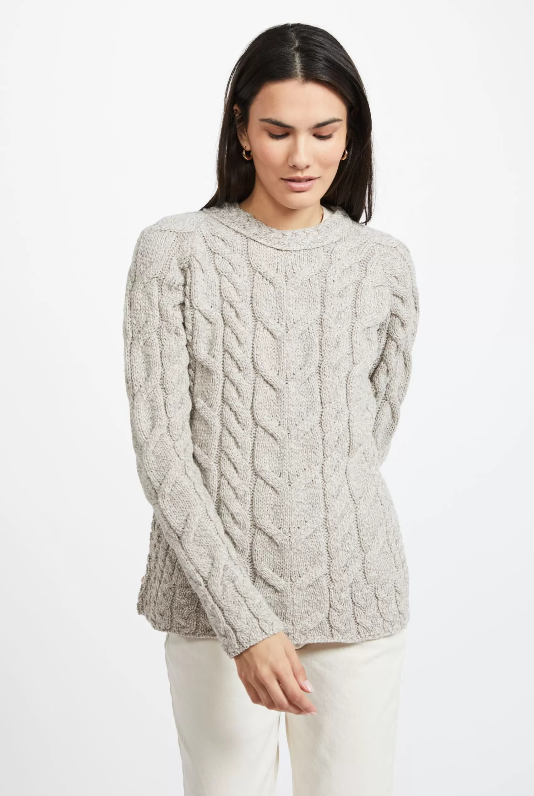 Aran Sweaters^Aran Woollen Mills Listowel Ladies Aran Cabled Sweater | Oatmeal