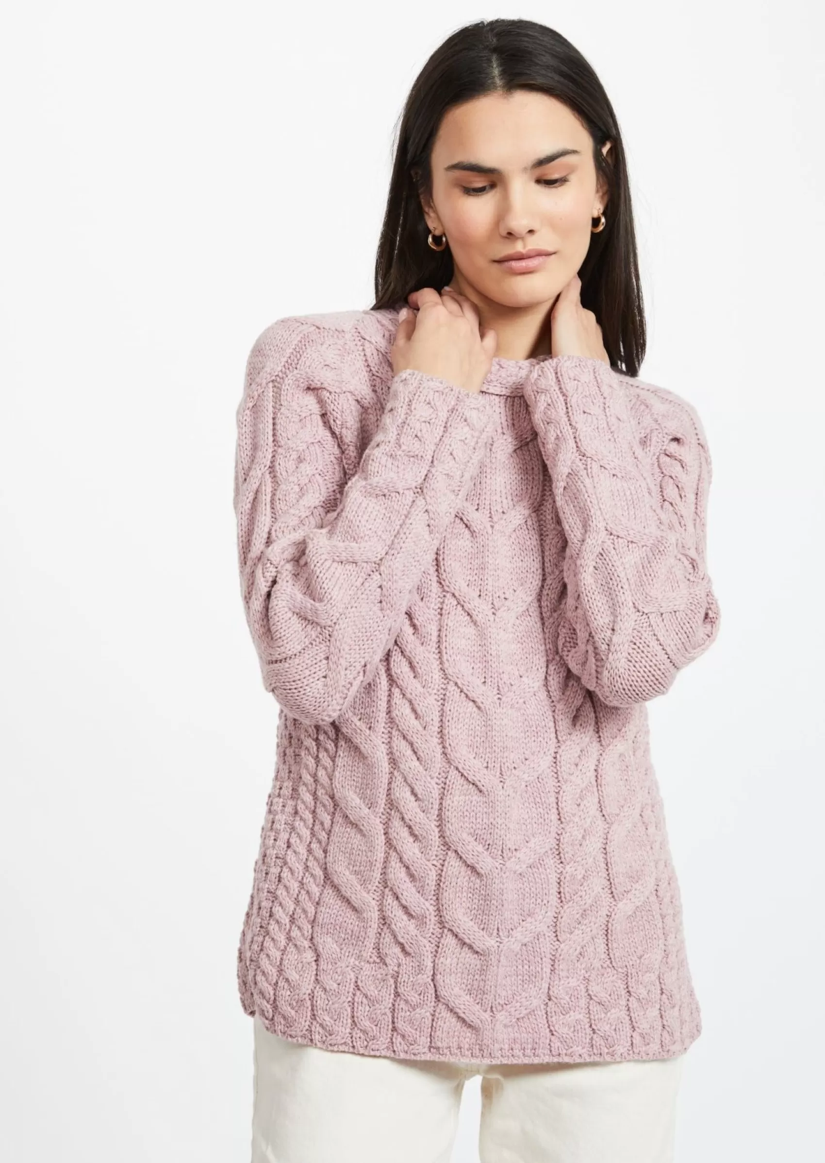 Aran Sweaters^Aran Woollen Mills Listowel Ladies Aran Cabled Sweater | Pink