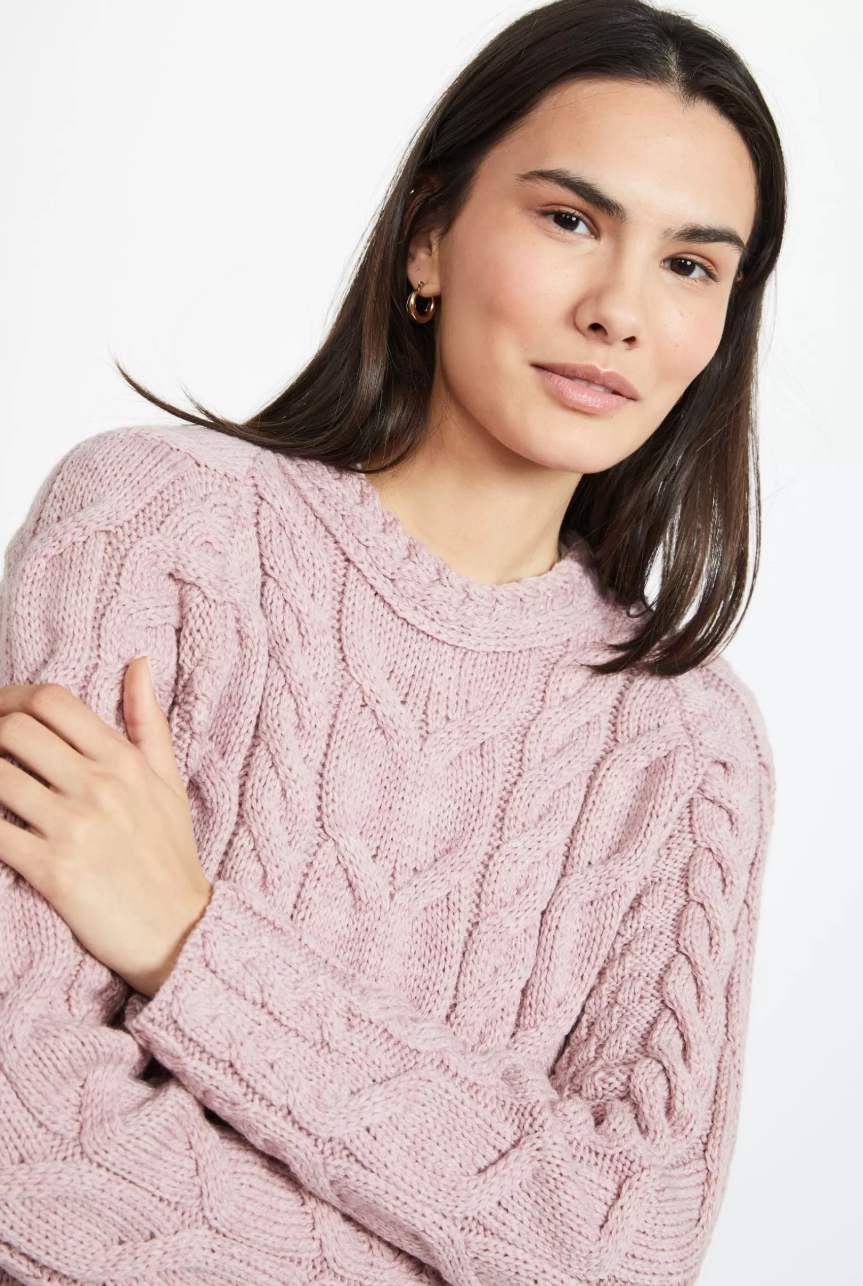 Aran Sweaters^Aran Woollen Mills Listowel Ladies Aran Cabled Sweater | Pink