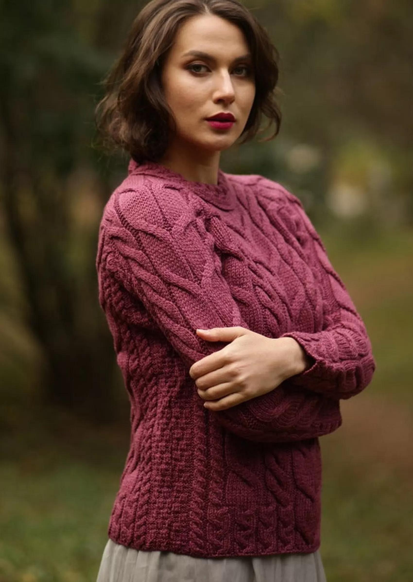 Aran Sweaters^Aran Woollen Mills Listowel Ladies Aran Cabled Sweater | Raspberry