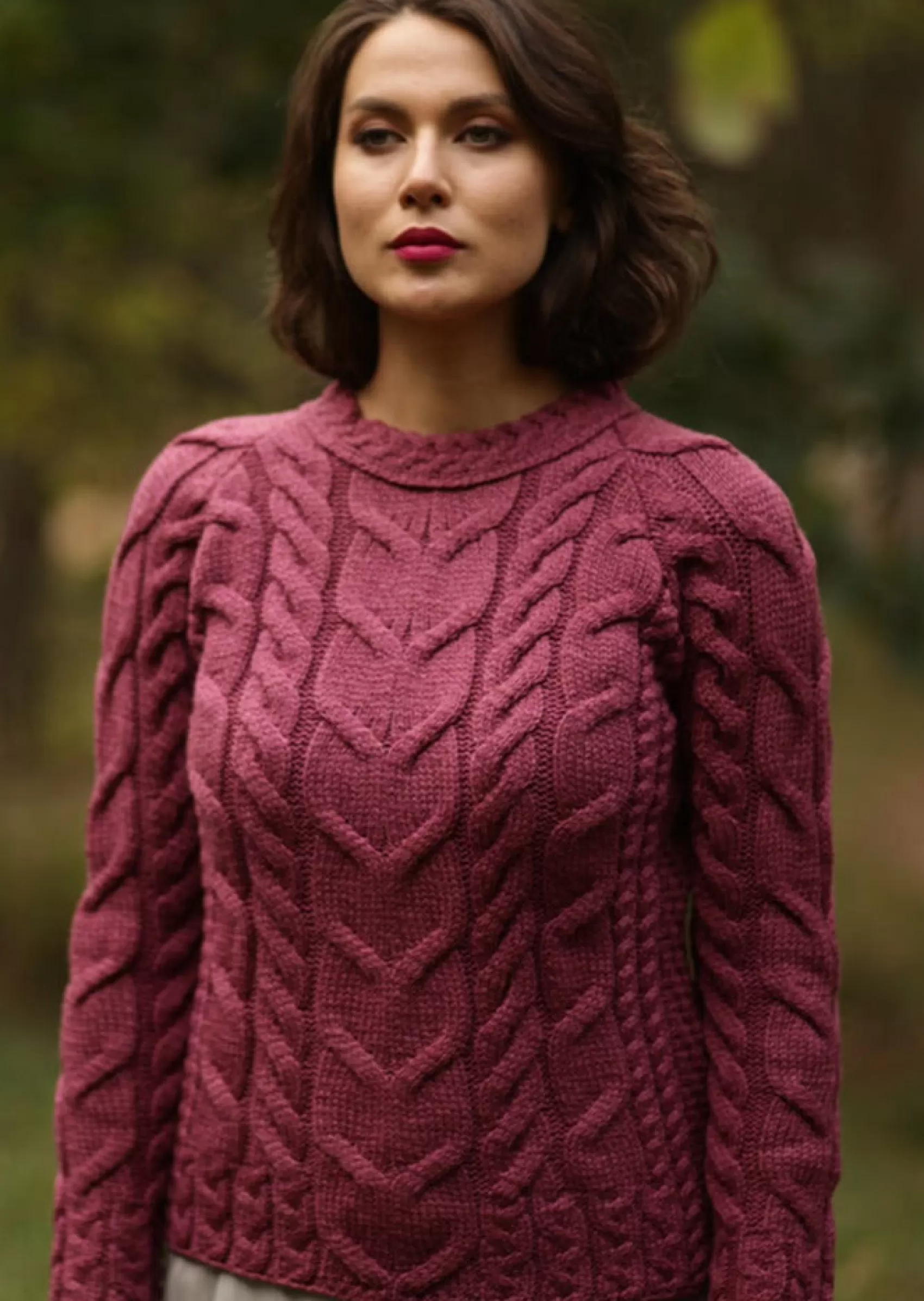 Aran Sweaters^Aran Woollen Mills Listowel Ladies Aran Cabled Sweater | Raspberry