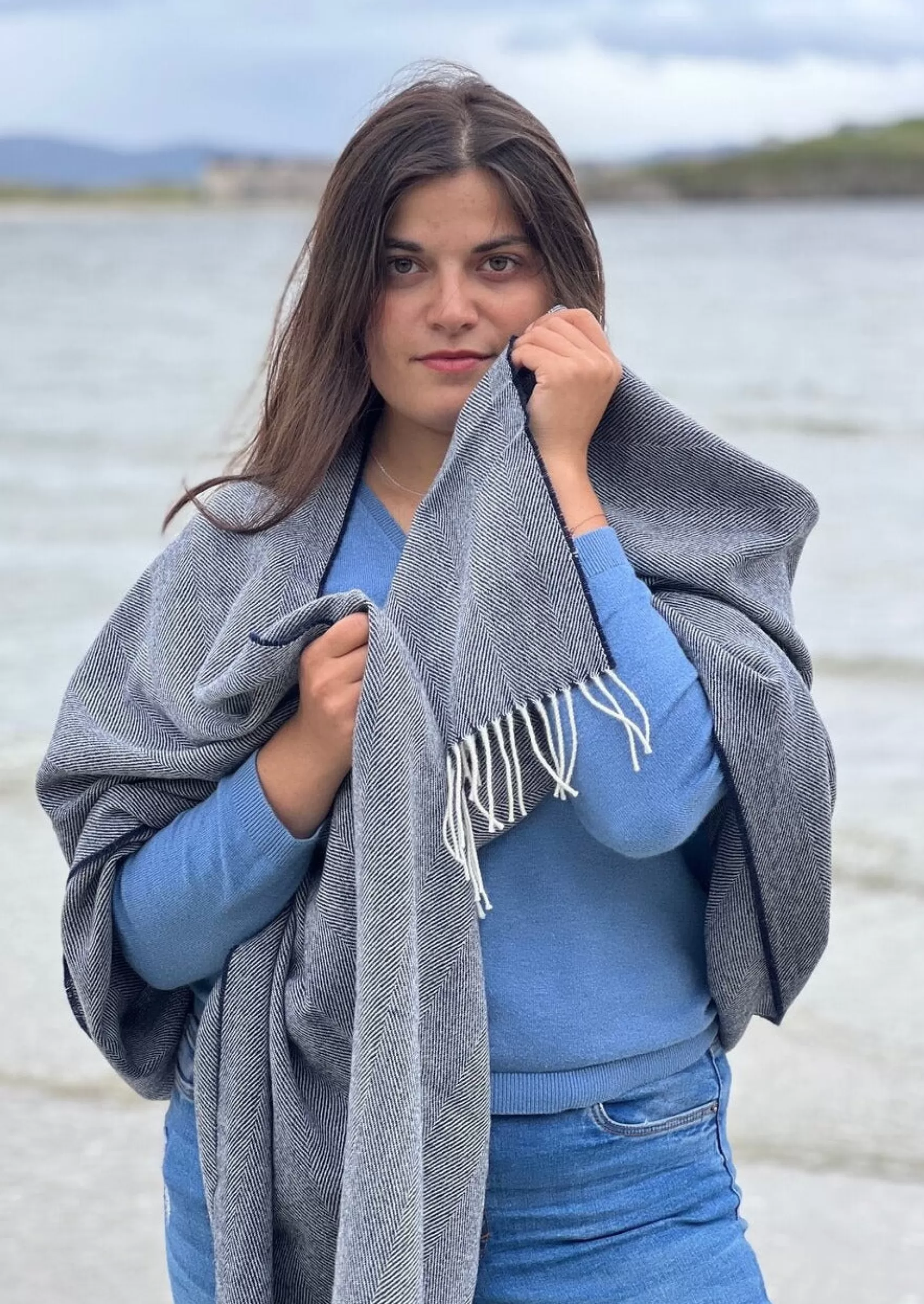 Ponchos / Capes / Shawls | Scarves^Mcnutt Of Donegal McNutt Herringbone Pashmina Wrap | Navy