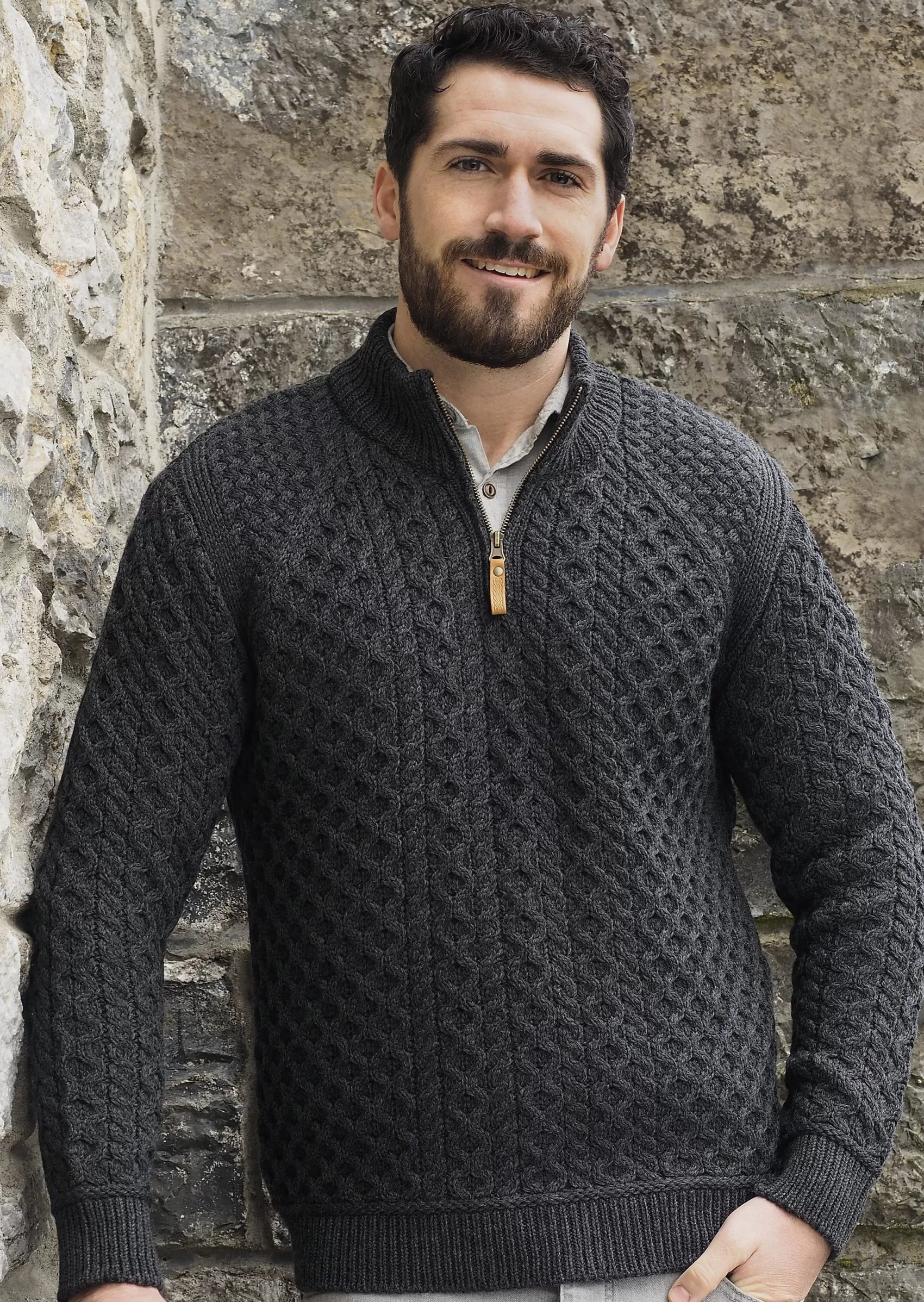 Aran Sweaters^Aran Crafts Men's Aran Super Soft 1/2 Zip Sweater