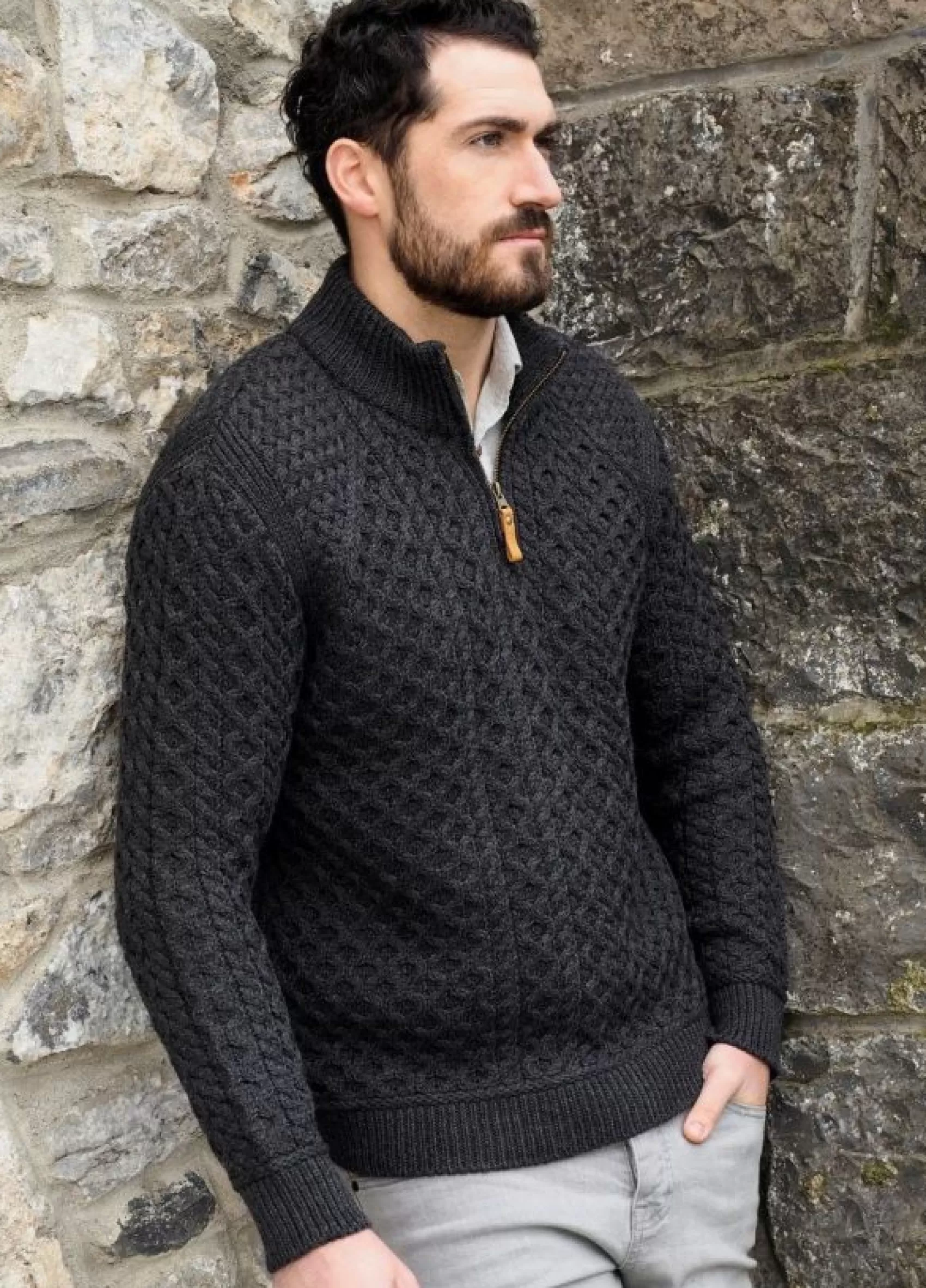 Aran Sweaters^Aran Crafts Men's Aran Super Soft 1/2 Zip Sweater