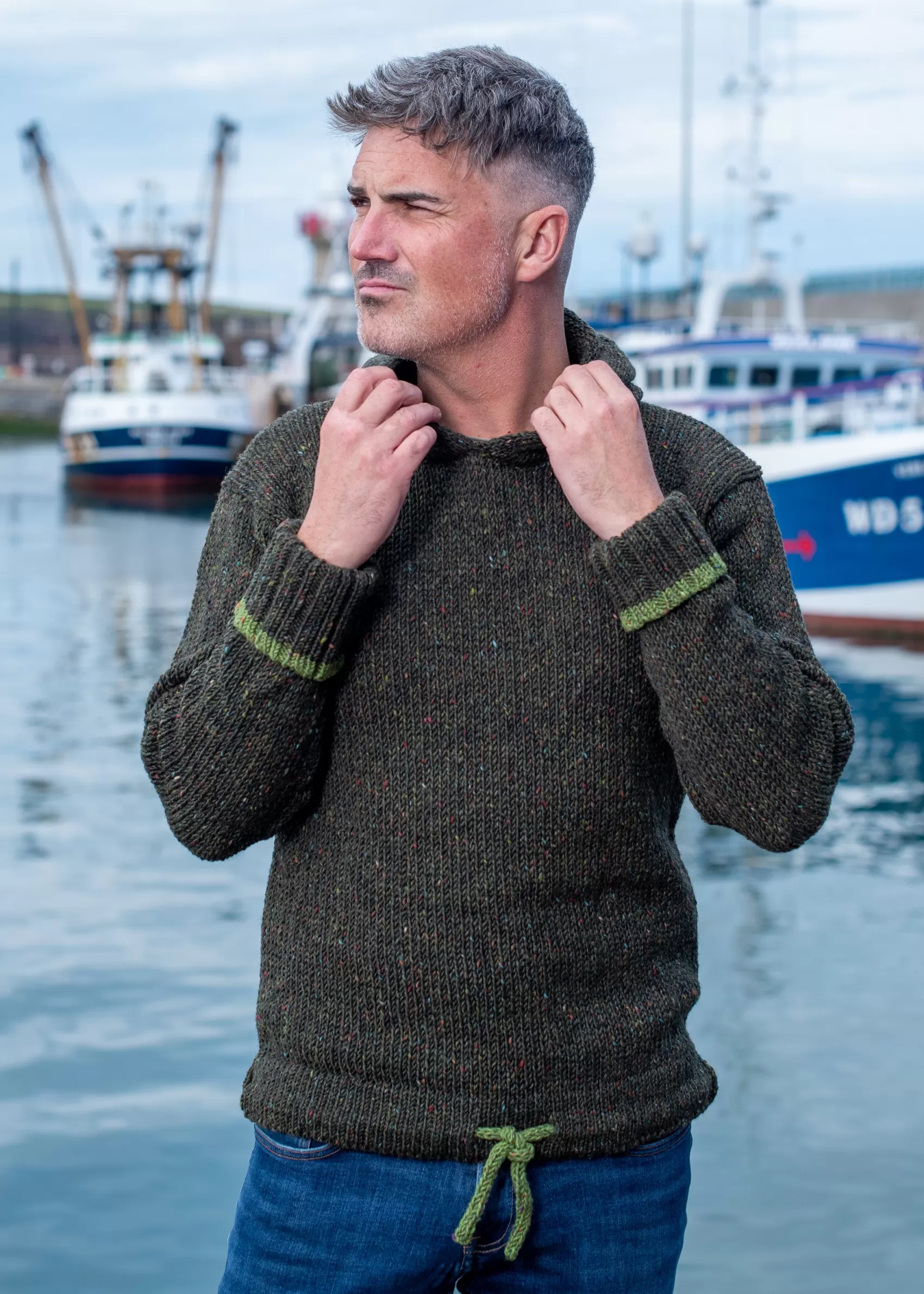 Aran Sweaters^Rossan Knitwear Men's Donegal Wool Hooded Sweater | Green