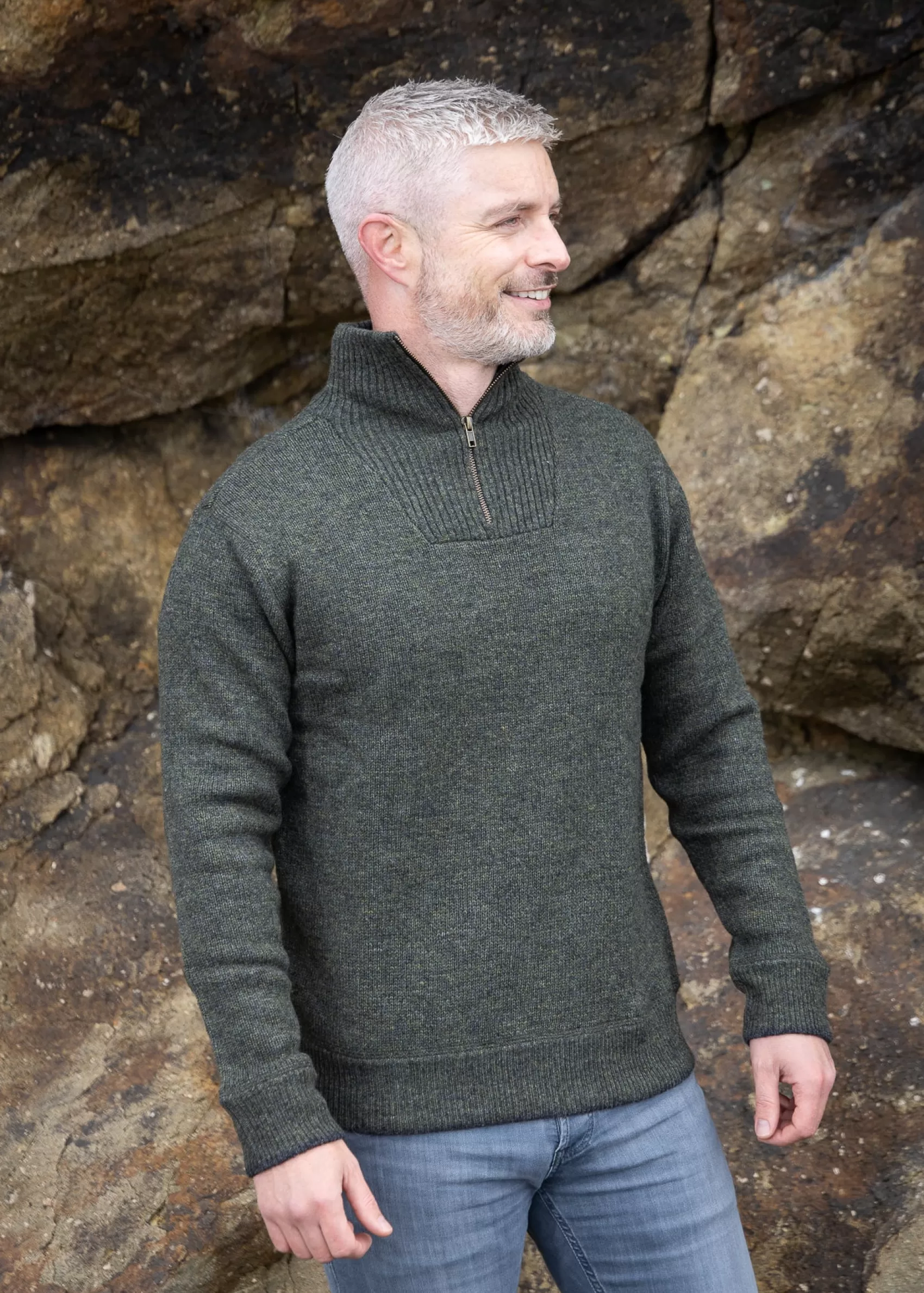 Aran Sweaters^Irelands Eye Knitwear Mens Knitted Half Zip Pullover | Green Marl