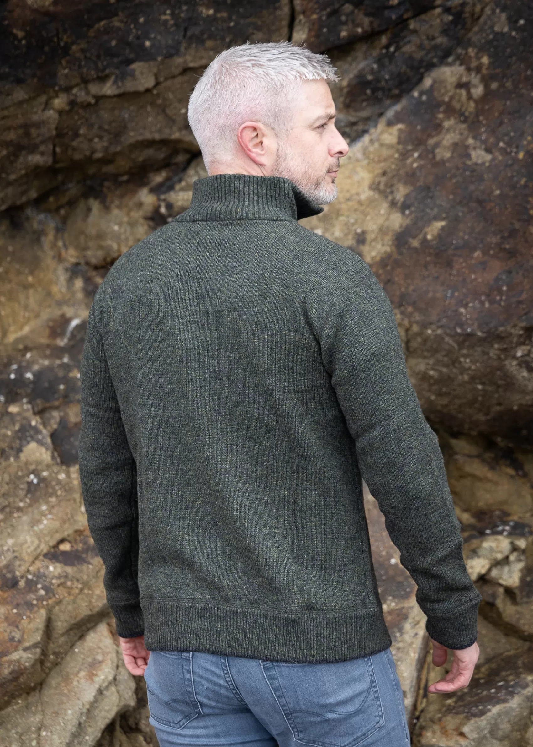 Aran Sweaters^Irelands Eye Knitwear Mens Knitted Half Zip Pullover | Green Marl