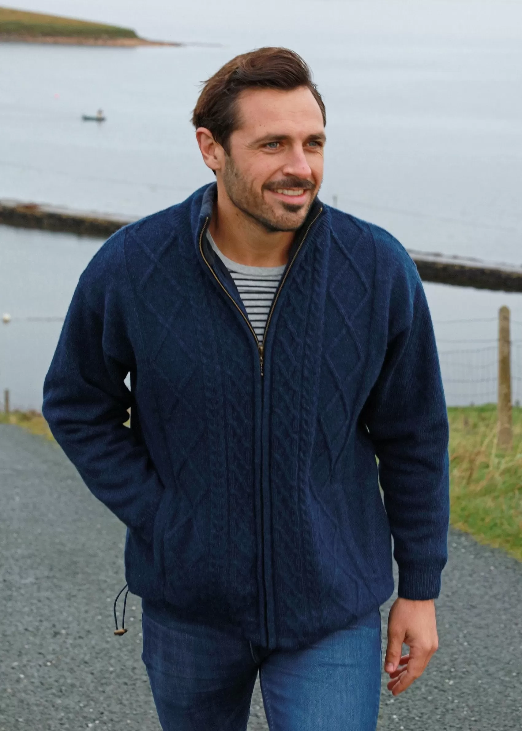 Aran Sweaters | Aran Cardigans^Aran Woollen Mills Mens Lined Wool Aran Cardigan | Blue