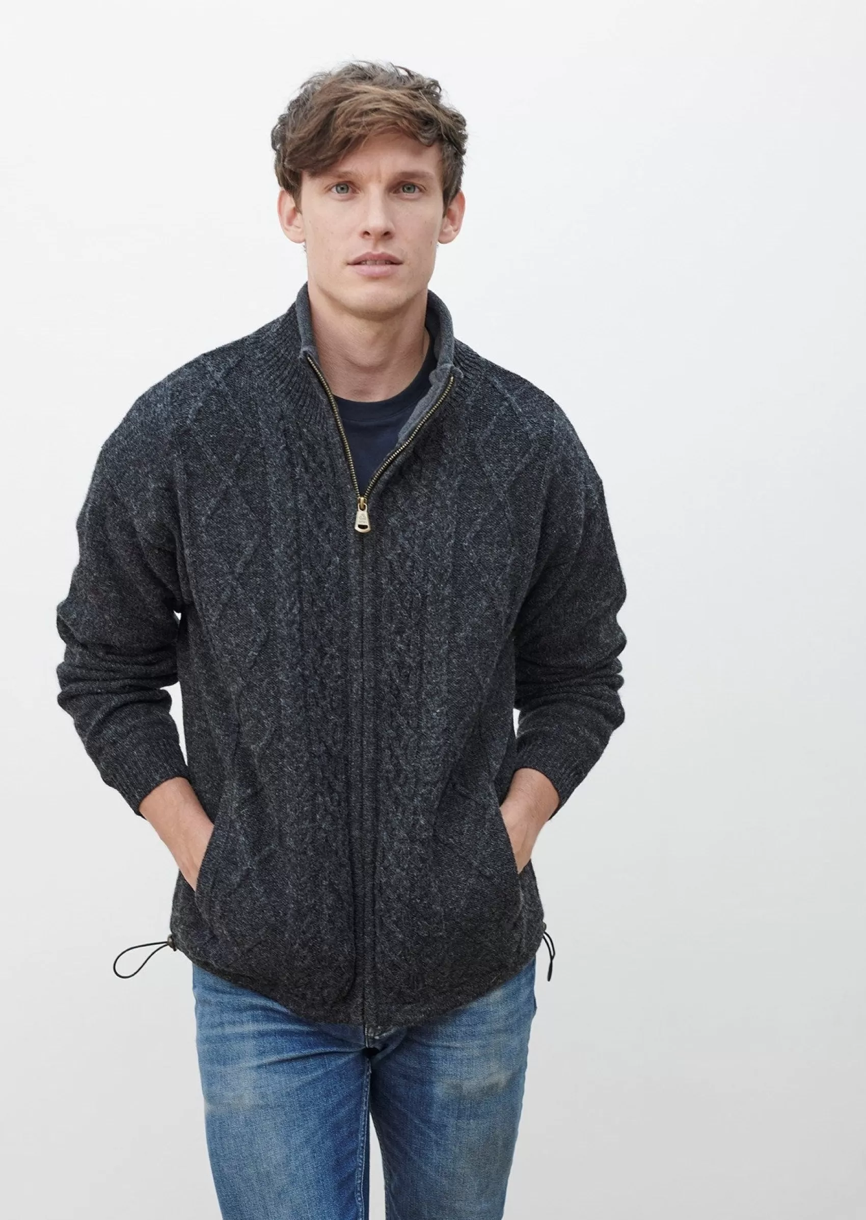 Aran Sweaters | Aran Cardigans^Aran Woollen Mills Mens Lined Wool Aran Cardigan | Charcoal