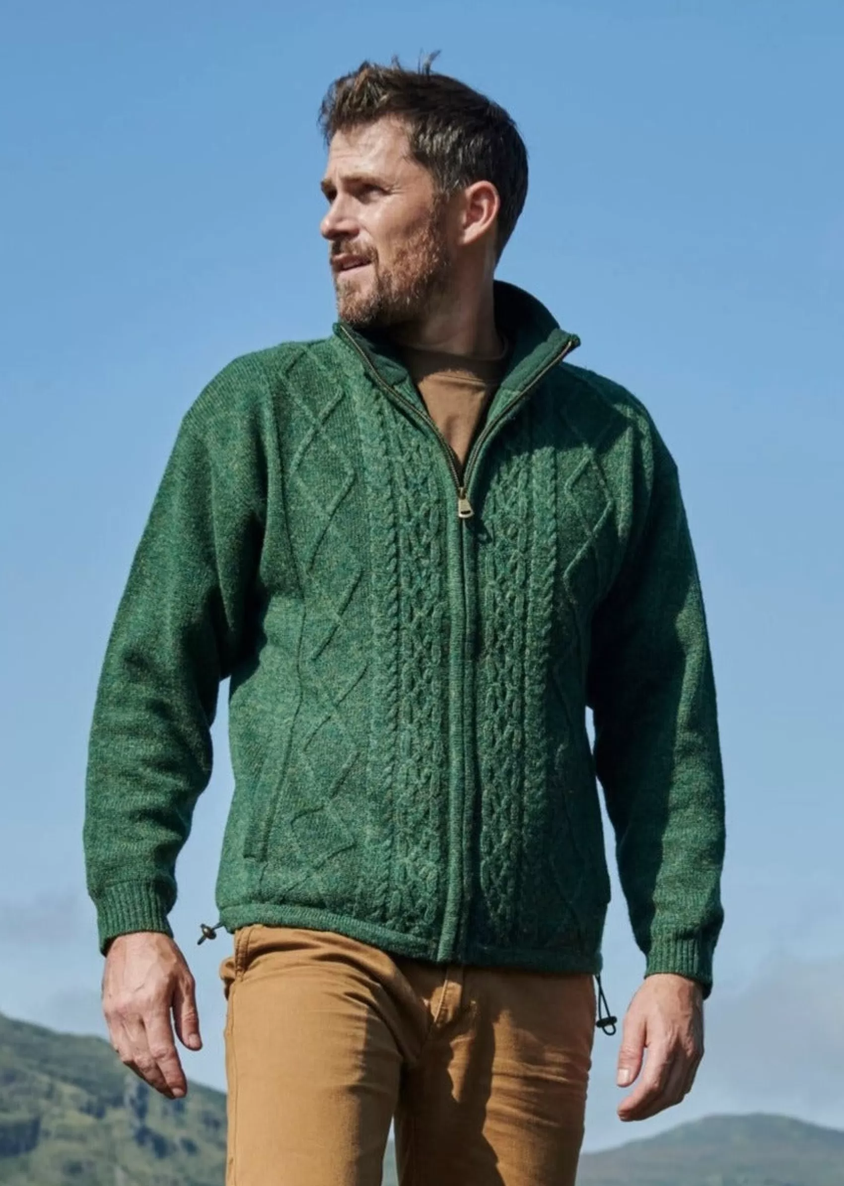 Aran Sweaters | Aran Cardigans^Aran Woollen Mills Mens Lined Wool Aran Cardigan | Green