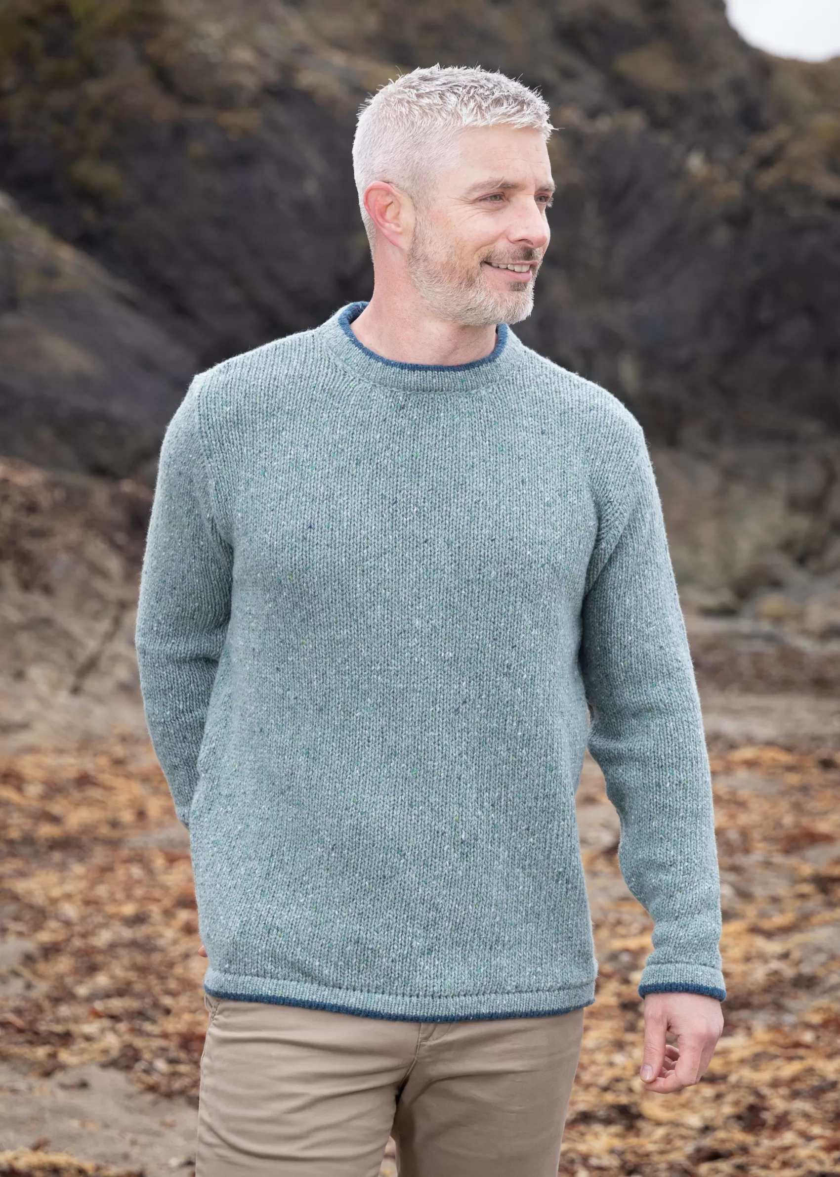 Aran Sweaters^Irelands Eye Knitwear Men's Roundstone Sweater | Ocean Mist