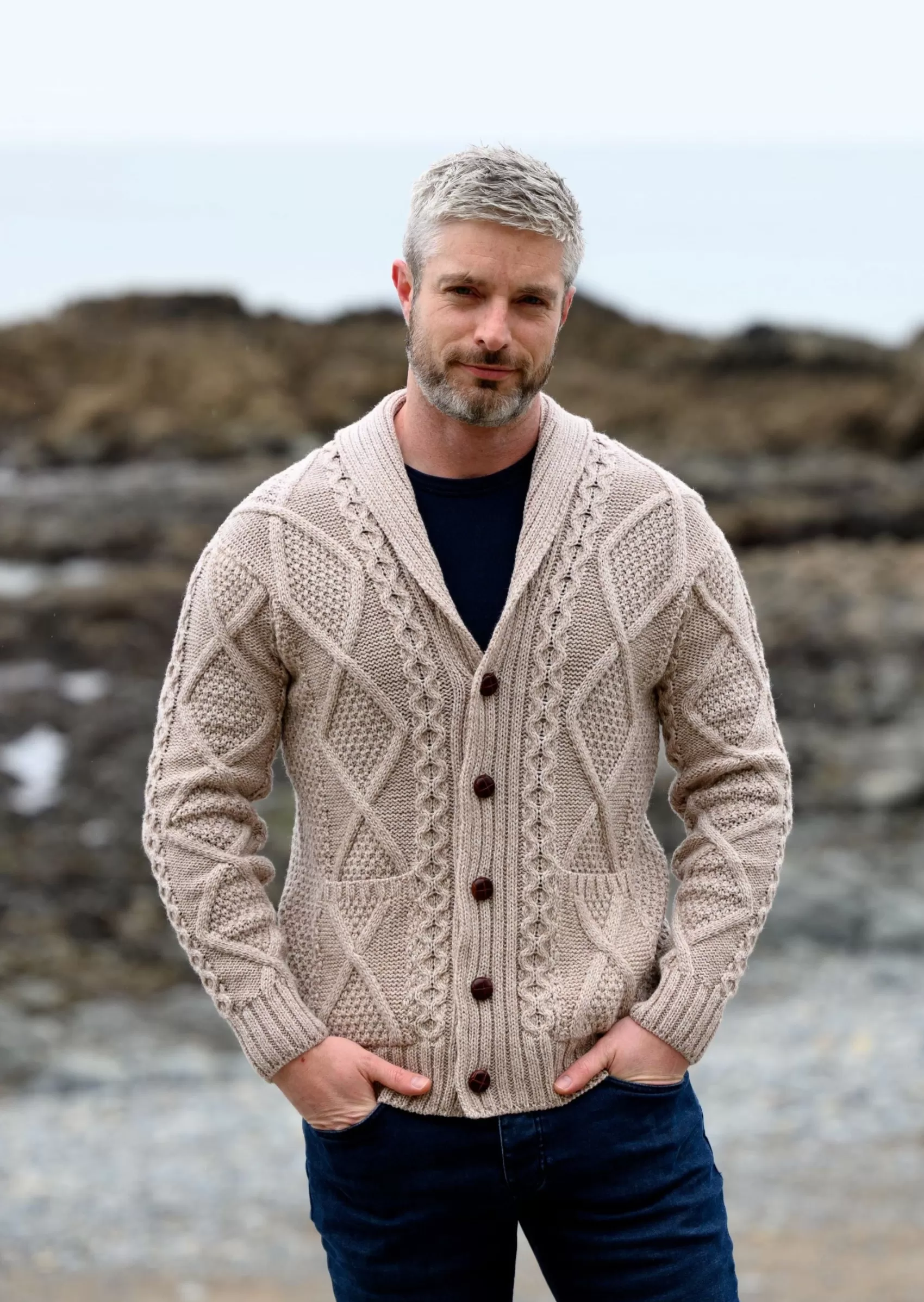 Aran Sweaters | Aran Cardigans^Original Aran Company Men's Shawl Button Cardigan | Parsnip