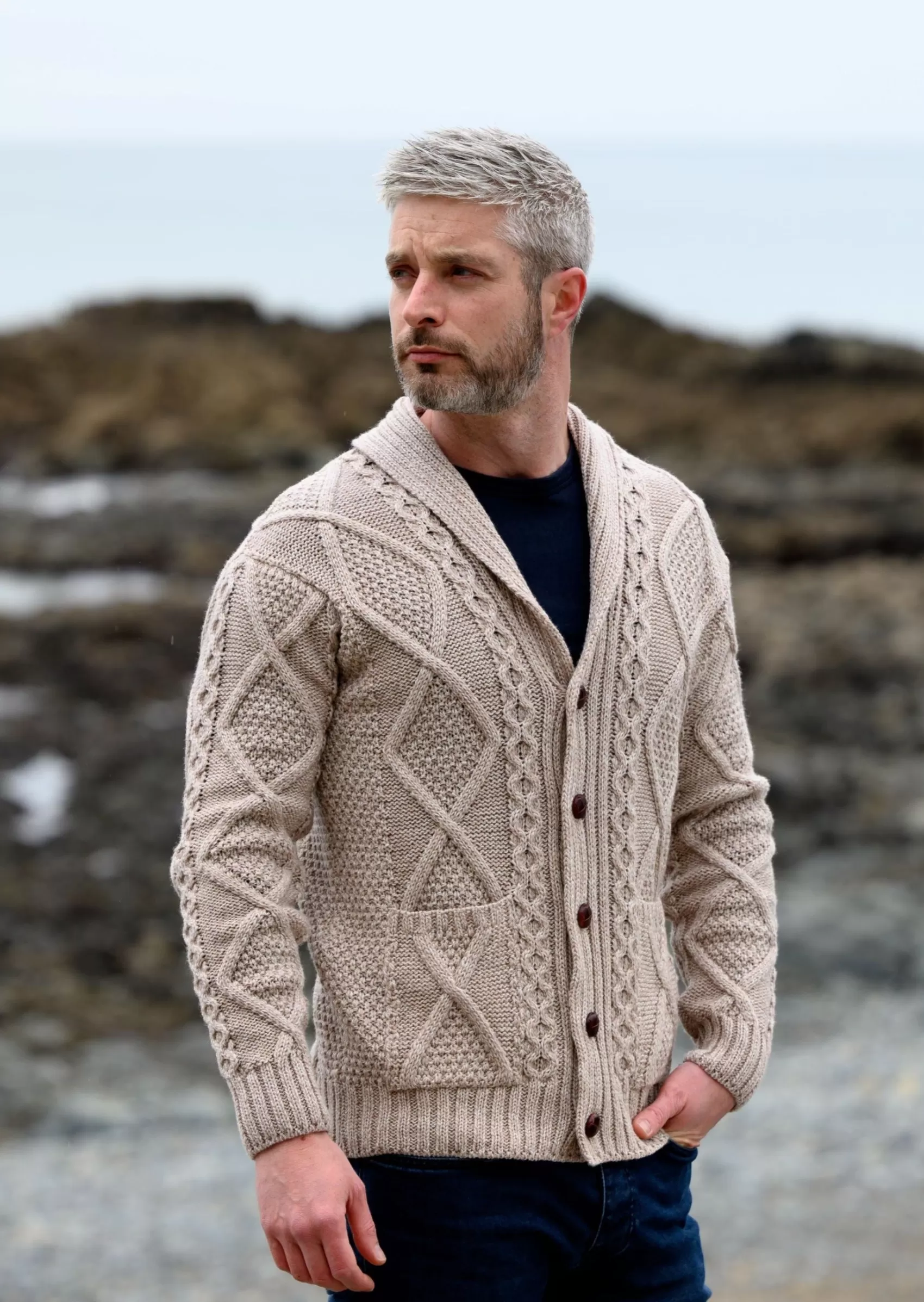 Aran Sweaters | Aran Cardigans^Original Aran Company Men's Shawl Button Cardigan | Parsnip