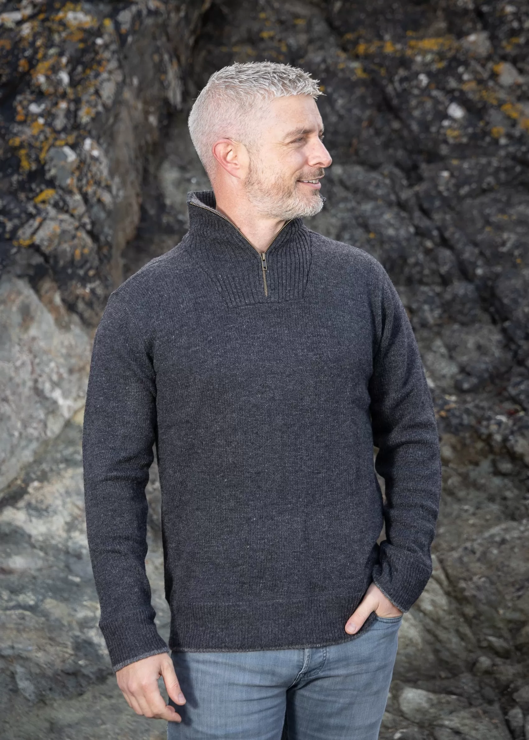 Aran Sweaters^Irelands Eye Knitwear Mens Zip Lambswool Sweater | Charcoal