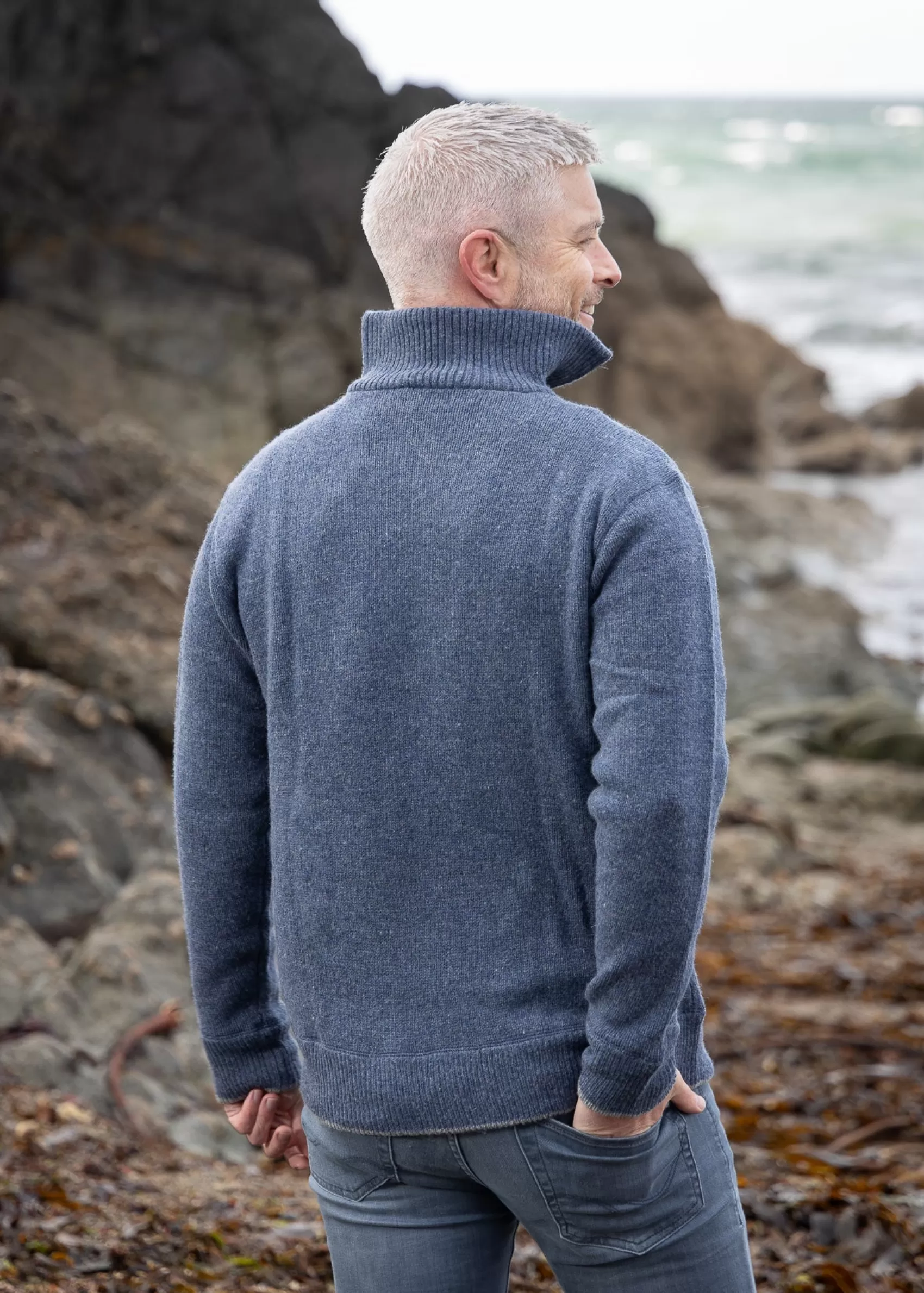 Aran Sweaters^Irelands Eye Knitwear Mens Zip Sweater | Blue Stone