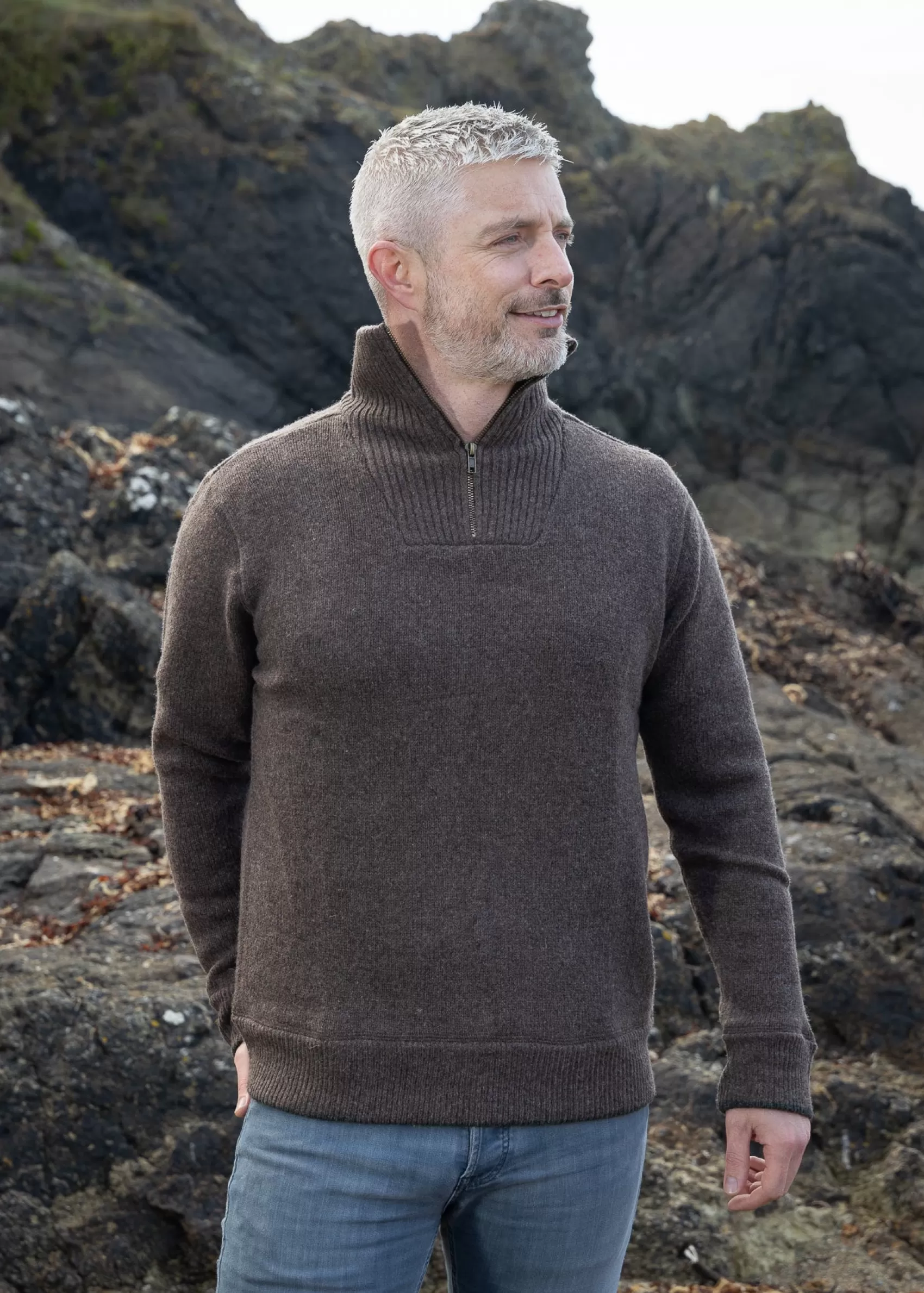 Aran Sweaters^Irelands Eye Knitwear Mens Zip Sweater | Earth Brown