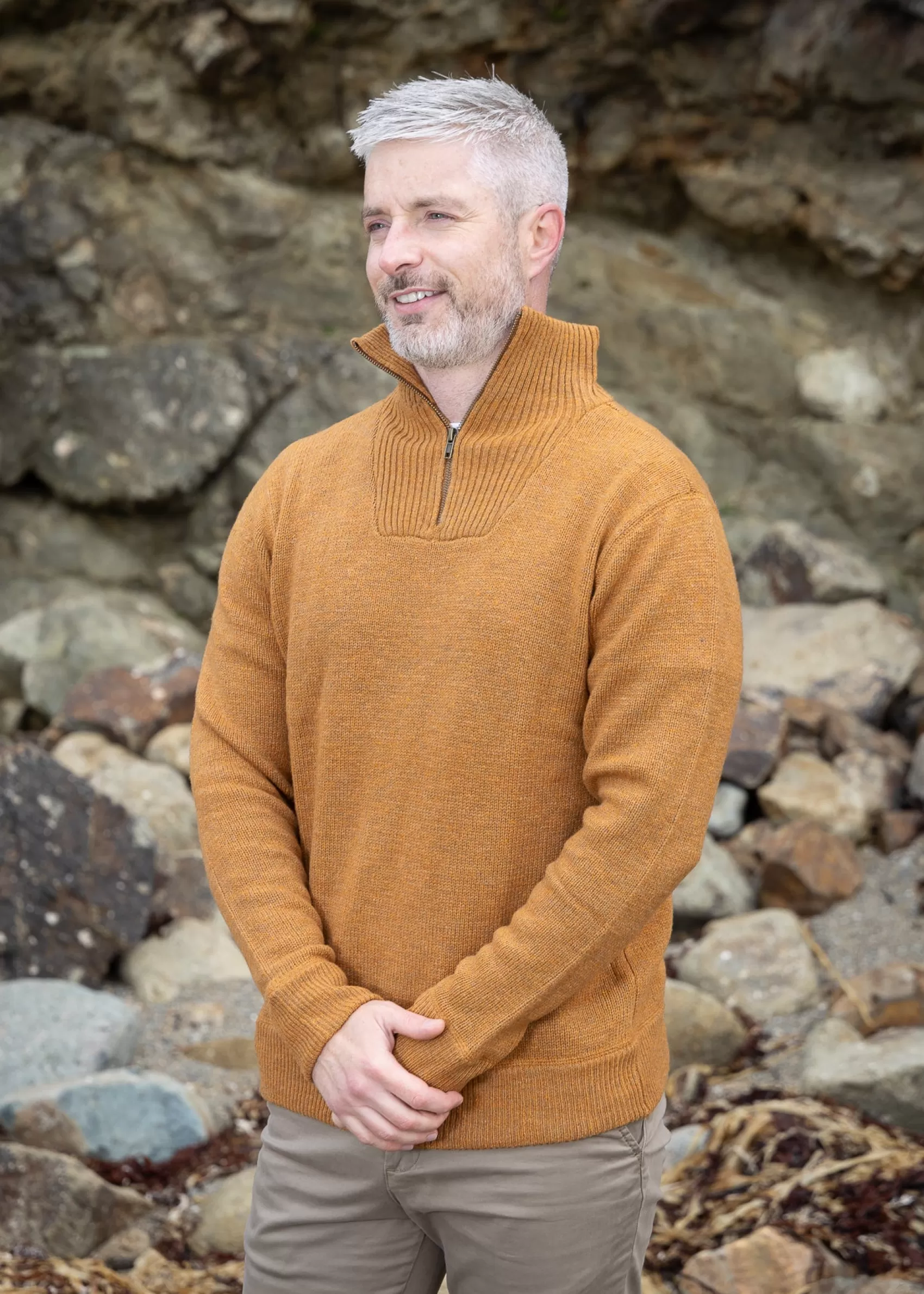 Aran Sweaters^Irelands Eye Knitwear Mens Zip Sweater | Warm Sand