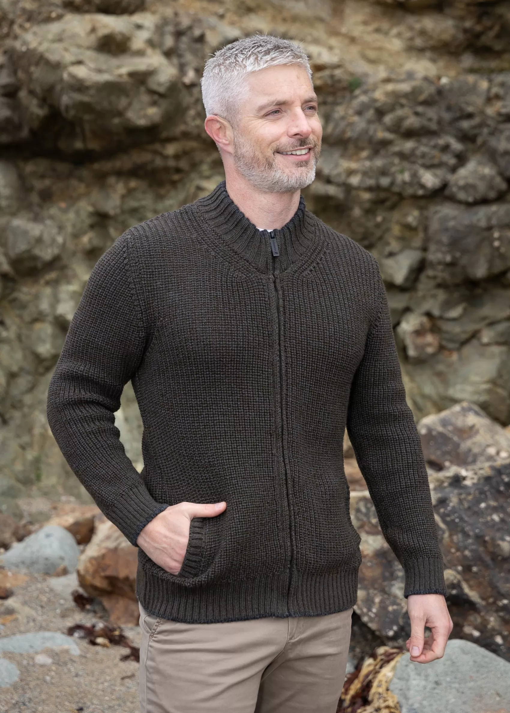 Aran Sweaters | Aran Cardigans^Irelands Eye Knitwear Men's Zipped Ribbed Cardigan | Forest Marl