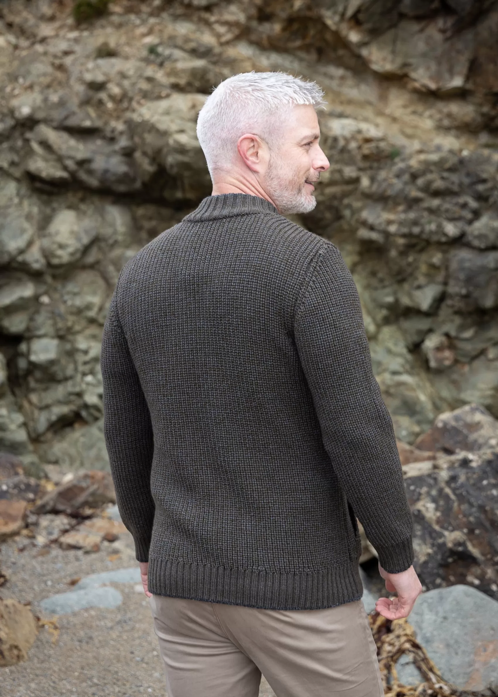 Aran Sweaters | Aran Cardigans^Irelands Eye Knitwear Men's Zipped Ribbed Cardigan | Forest Marl