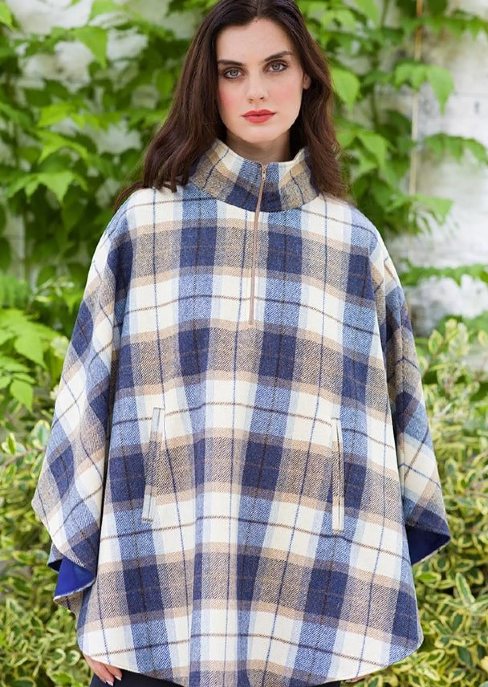 Ponchos / Capes / Shawls^Mucros Weavers Mucros Half Zip Poncho | Blue Check