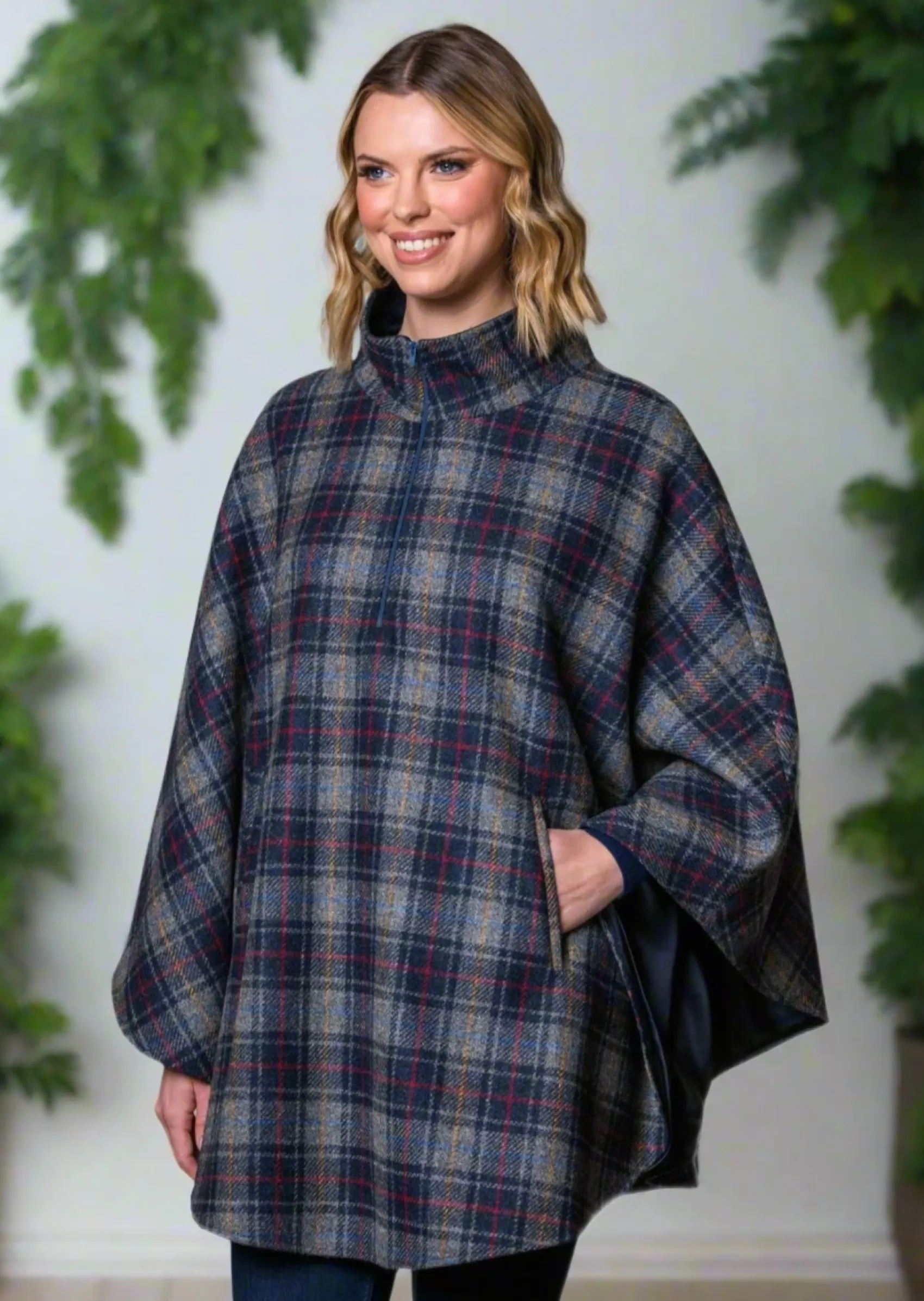 Ponchos / Capes / Shawls^Mucros Weavers Mucros Half Zip Poncho | Charcoal Check