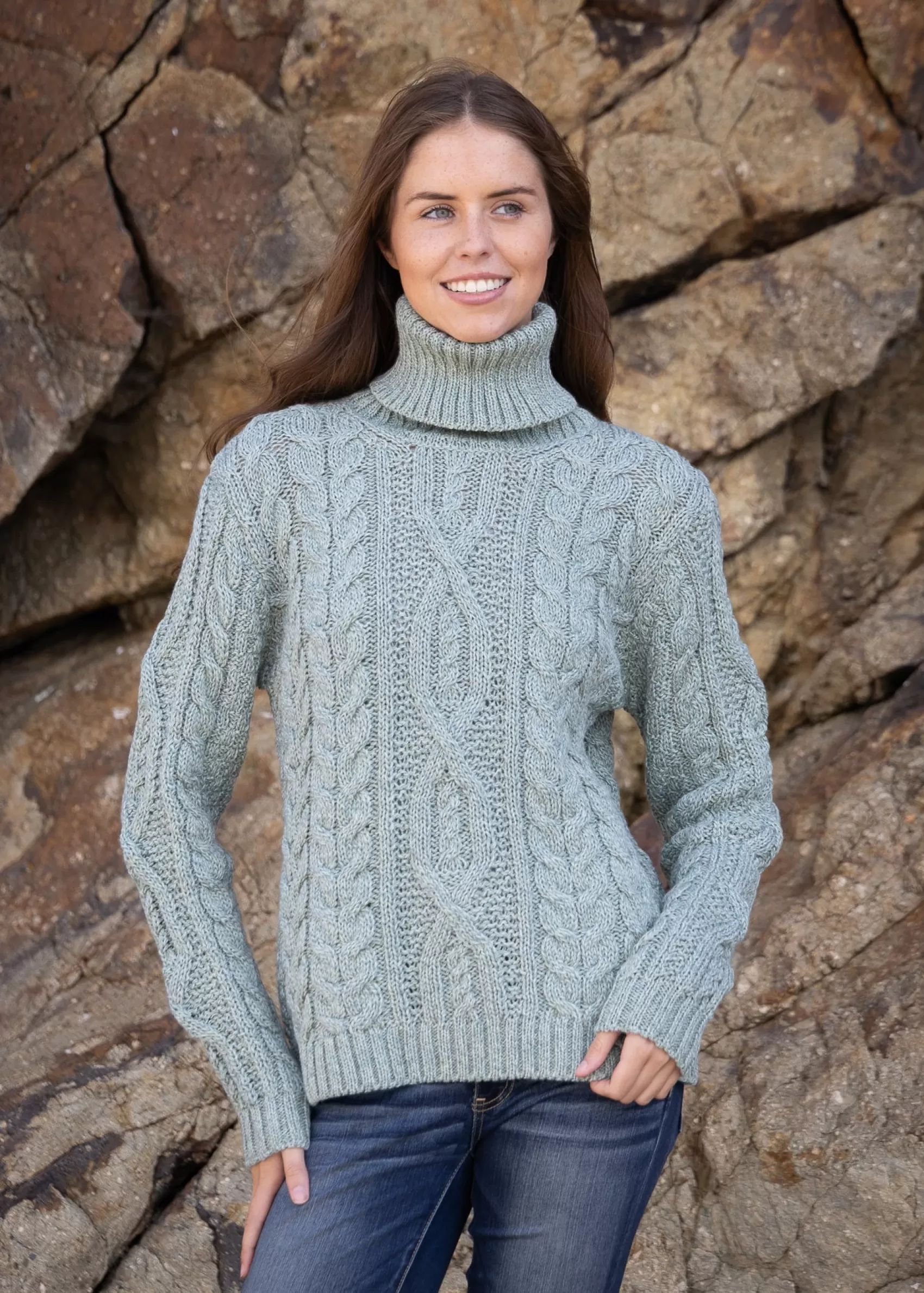 Aran Sweaters^Irelands Eye Knitwear Polo Neck Aran Sweater | Sage Marl