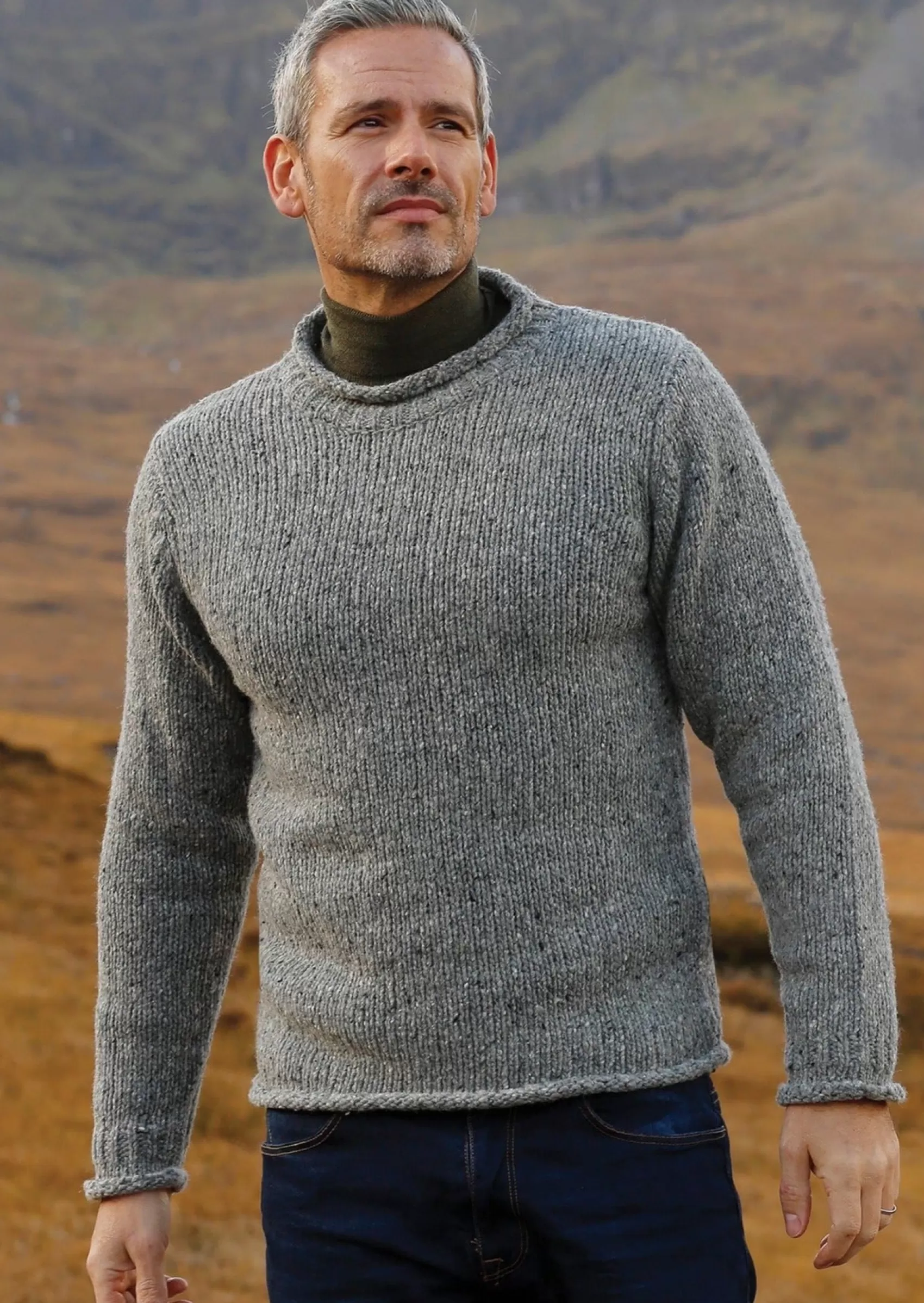 Aran Sweaters^Aran Woollen Mills Raheen Tweed Roll Neck Mens Sweater | Grey