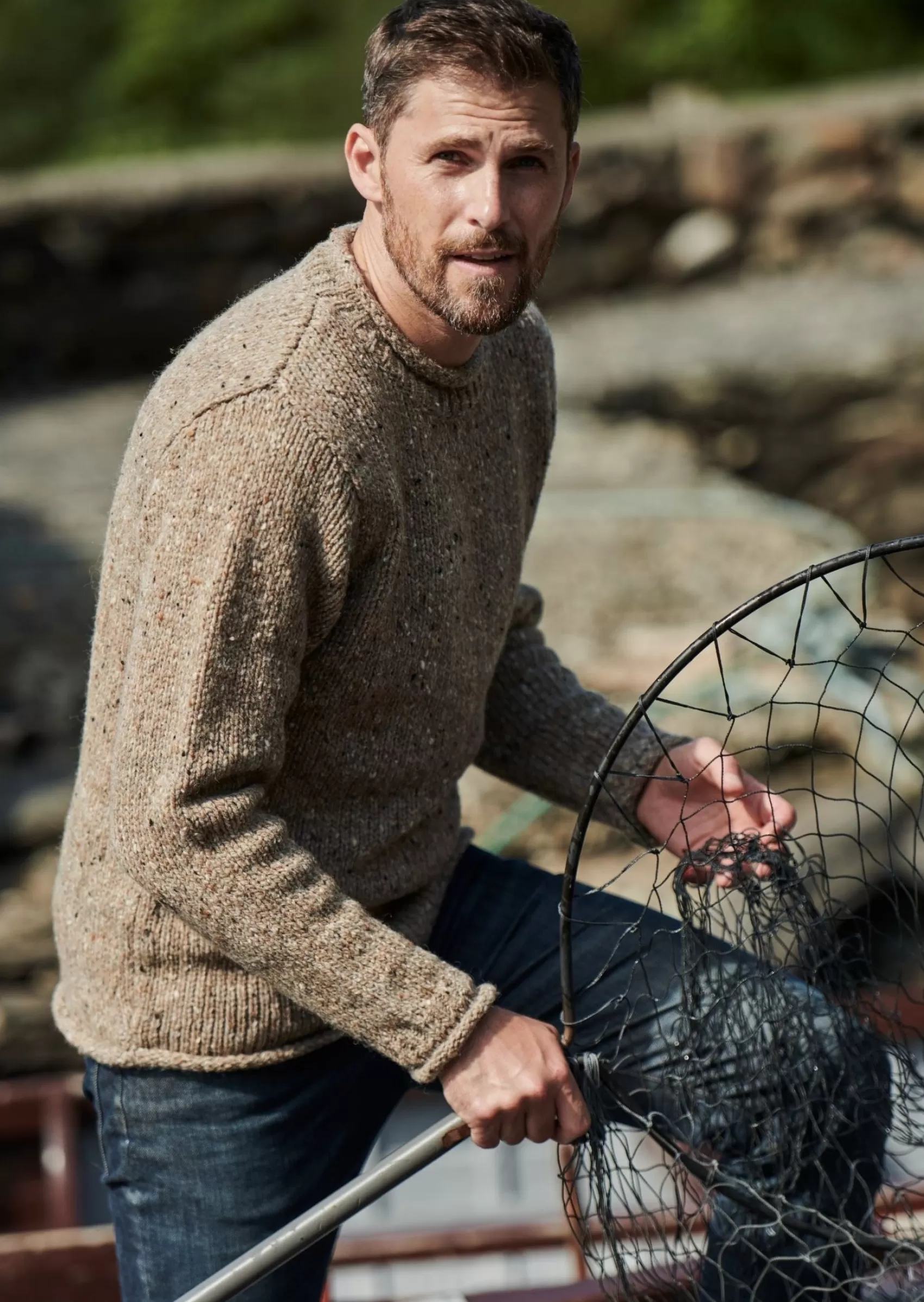 Aran Sweaters^Aran Woollen Mills Raheen Tweed Roll Neck Mens Sweater | Oatmeal