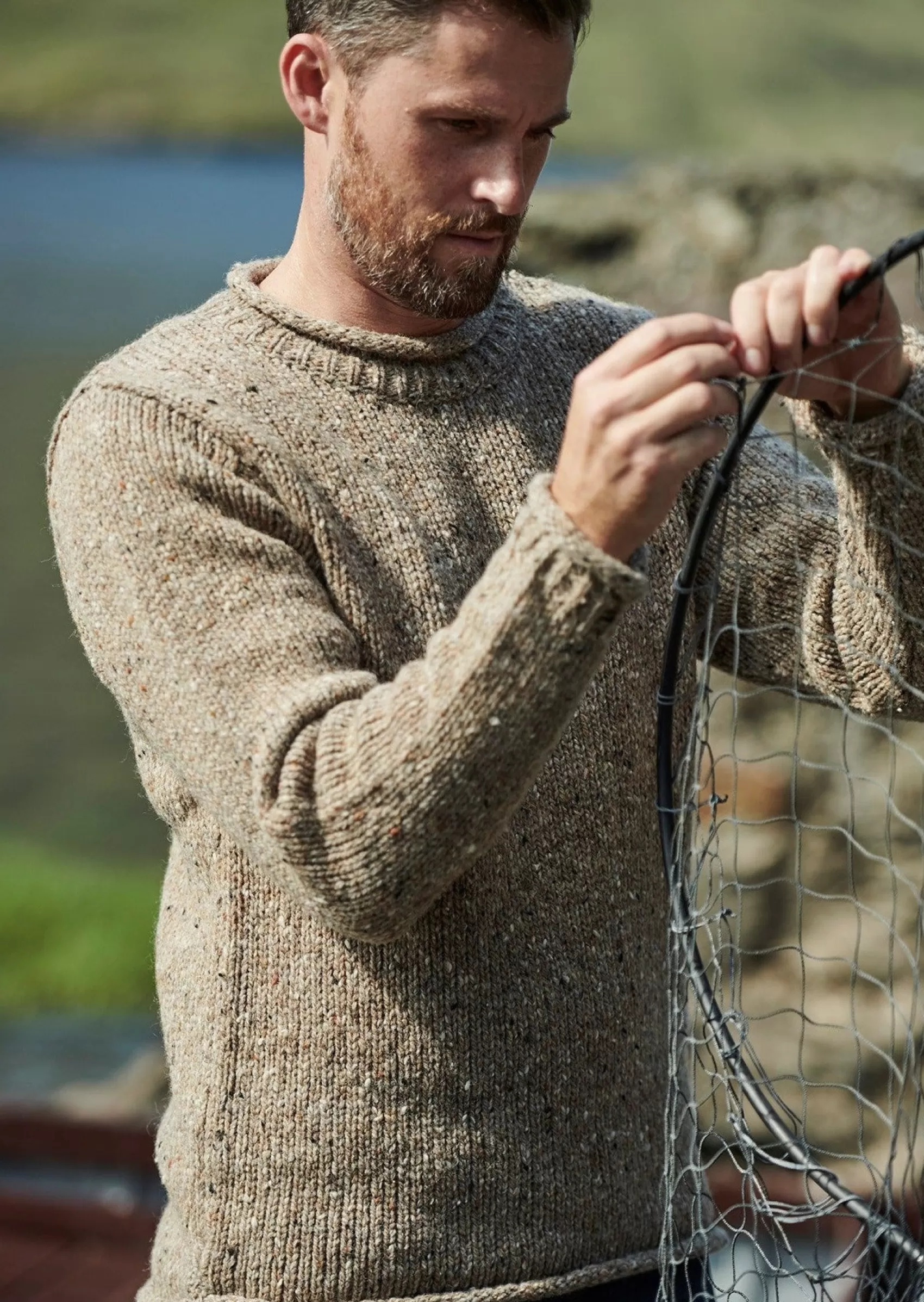 Aran Sweaters^Aran Woollen Mills Raheen Tweed Roll Neck Mens Sweater | Oatmeal