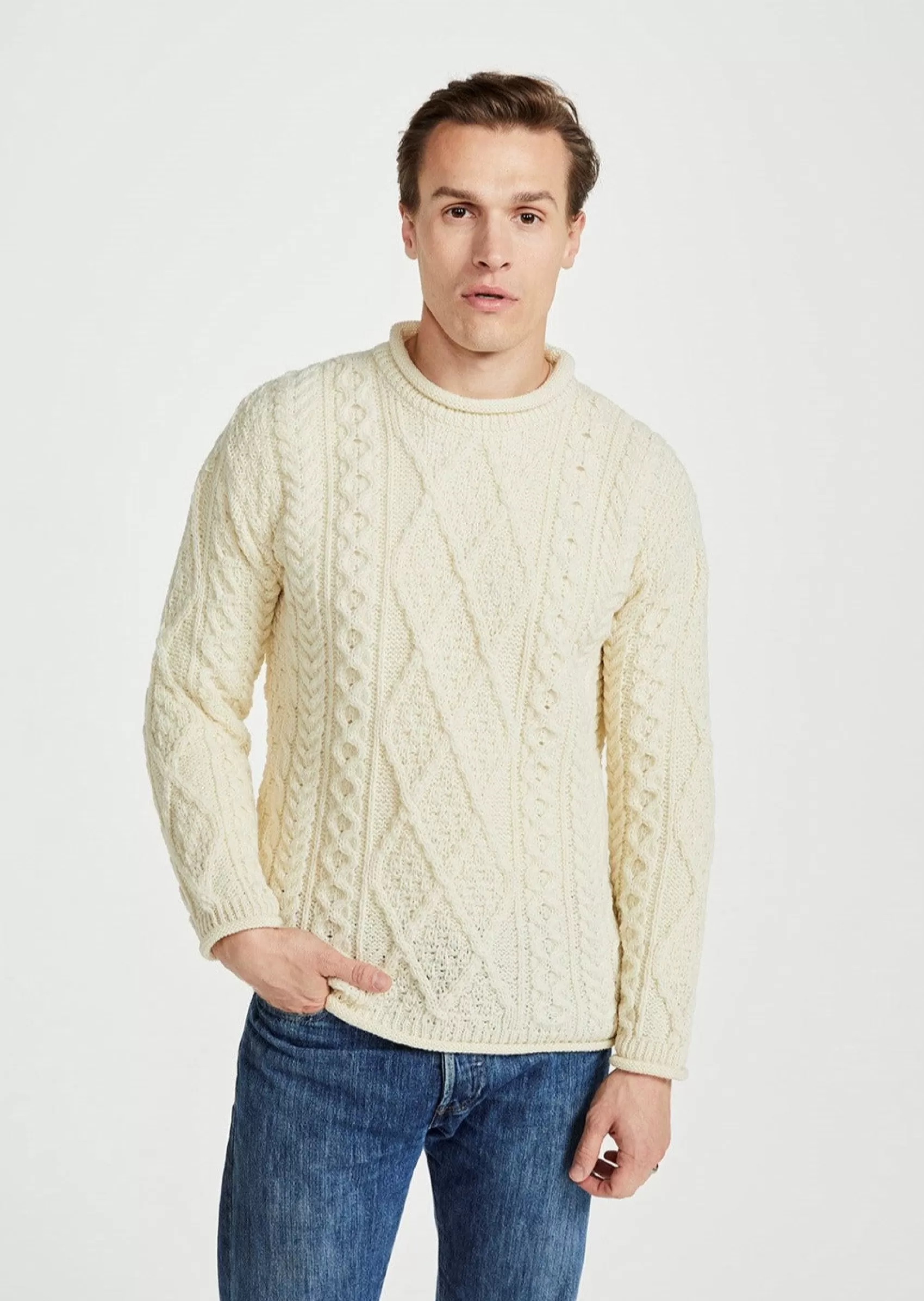 Aran Sweaters^Aran Woollen Mills Roll Neck Aran Crew Sweater | Natural