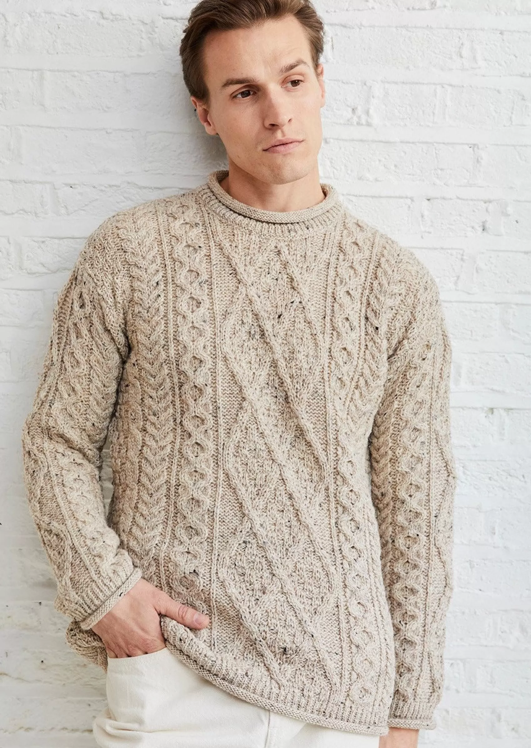 Aran Sweaters^Aran Woollen Mills Roll Neck Aran Crew Sweater | Oatmeal