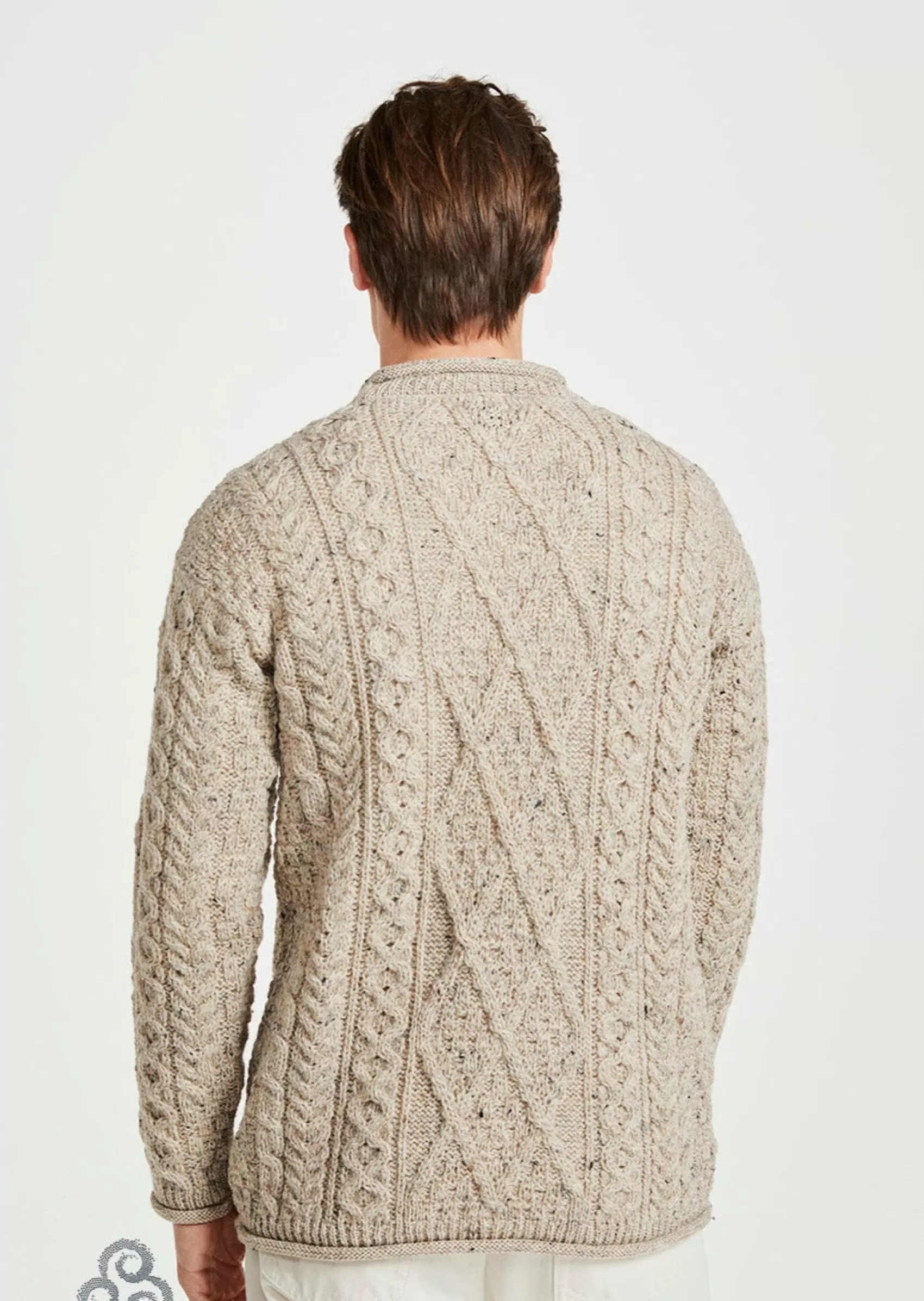 Aran Sweaters^Aran Woollen Mills Roll Neck Aran Crew Sweater | Oatmeal