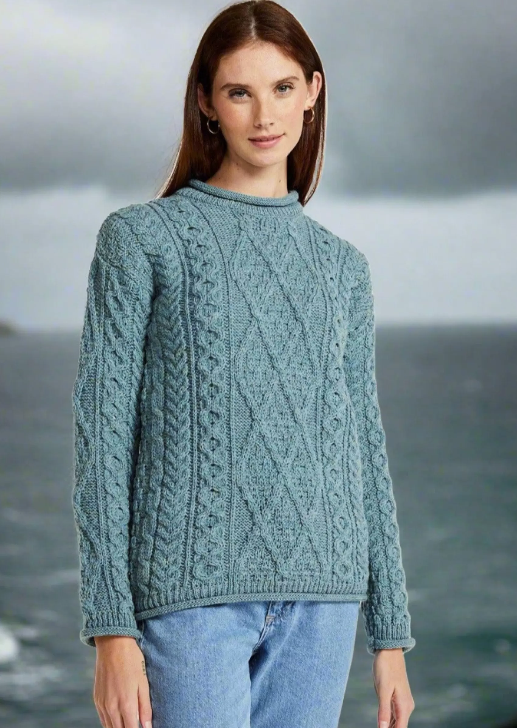 Aran Sweaters^Aran Woollen Mills Roll Neck Aran Crew Sweater | Summer Storm