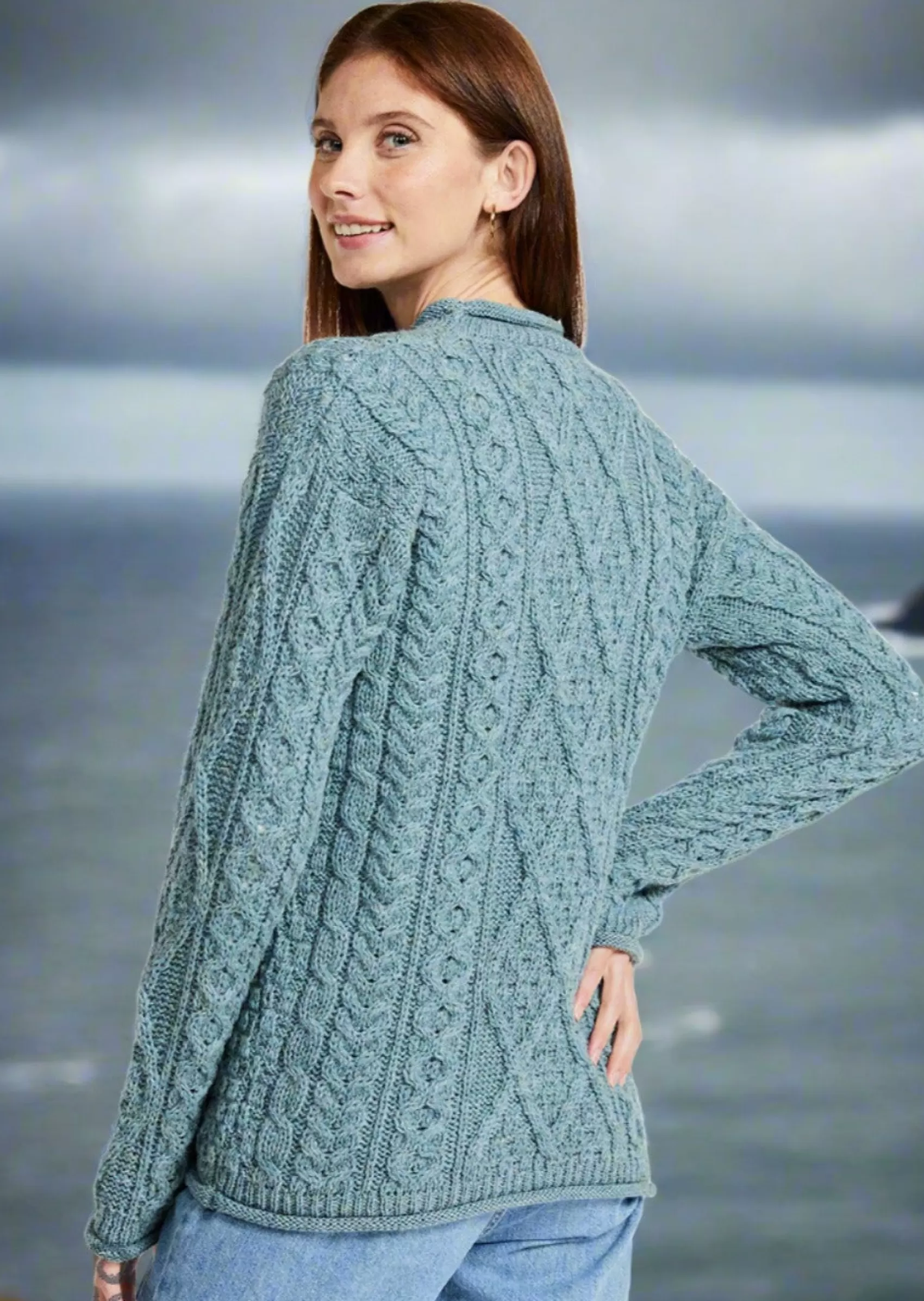 Aran Sweaters^Aran Woollen Mills Roll Neck Aran Crew Sweater | Summer Storm