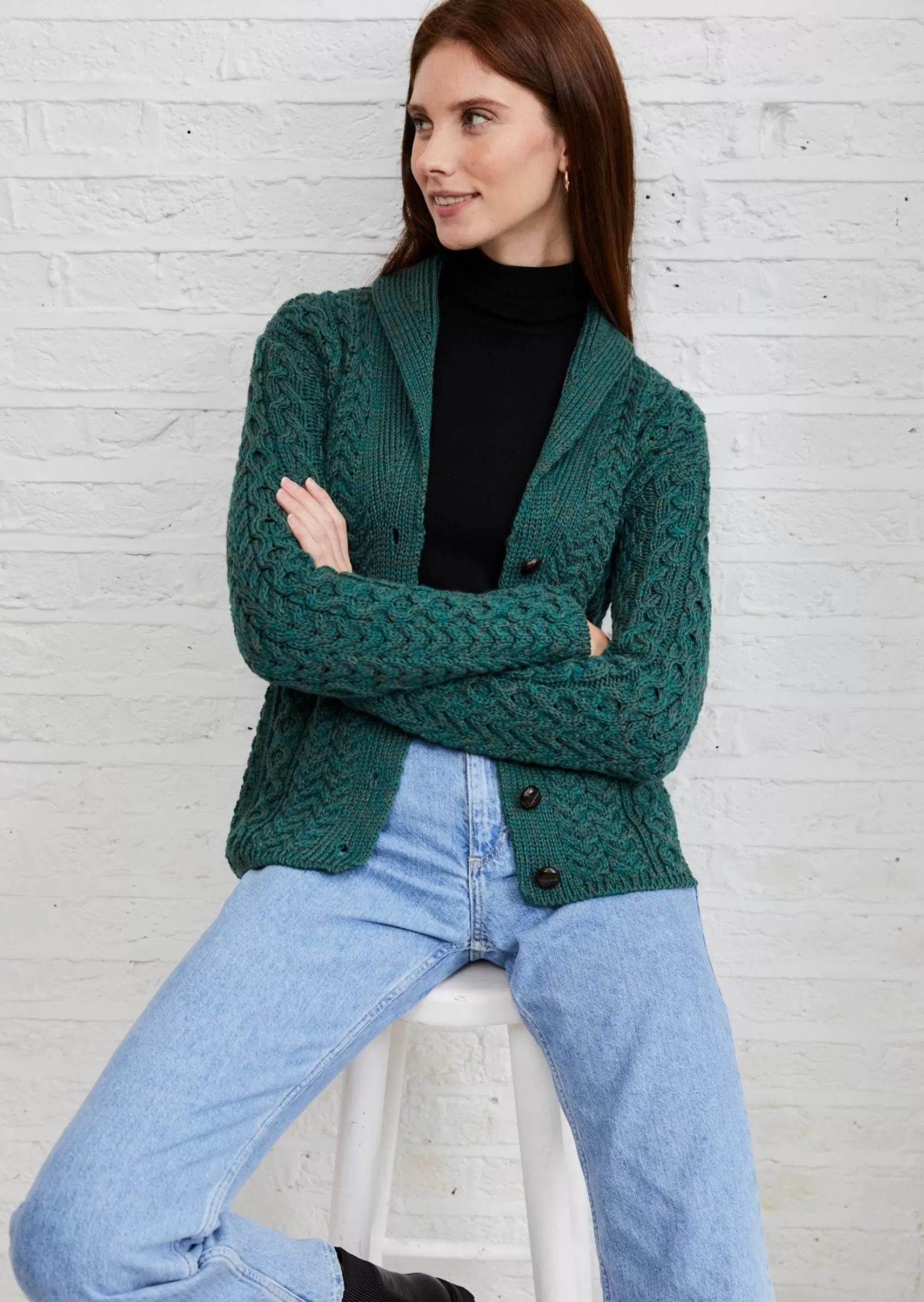 Aran Sweaters | Aran Cardigans^Aran Woollen Mills Shawl Collar Aran Cardigan | Connemara Green