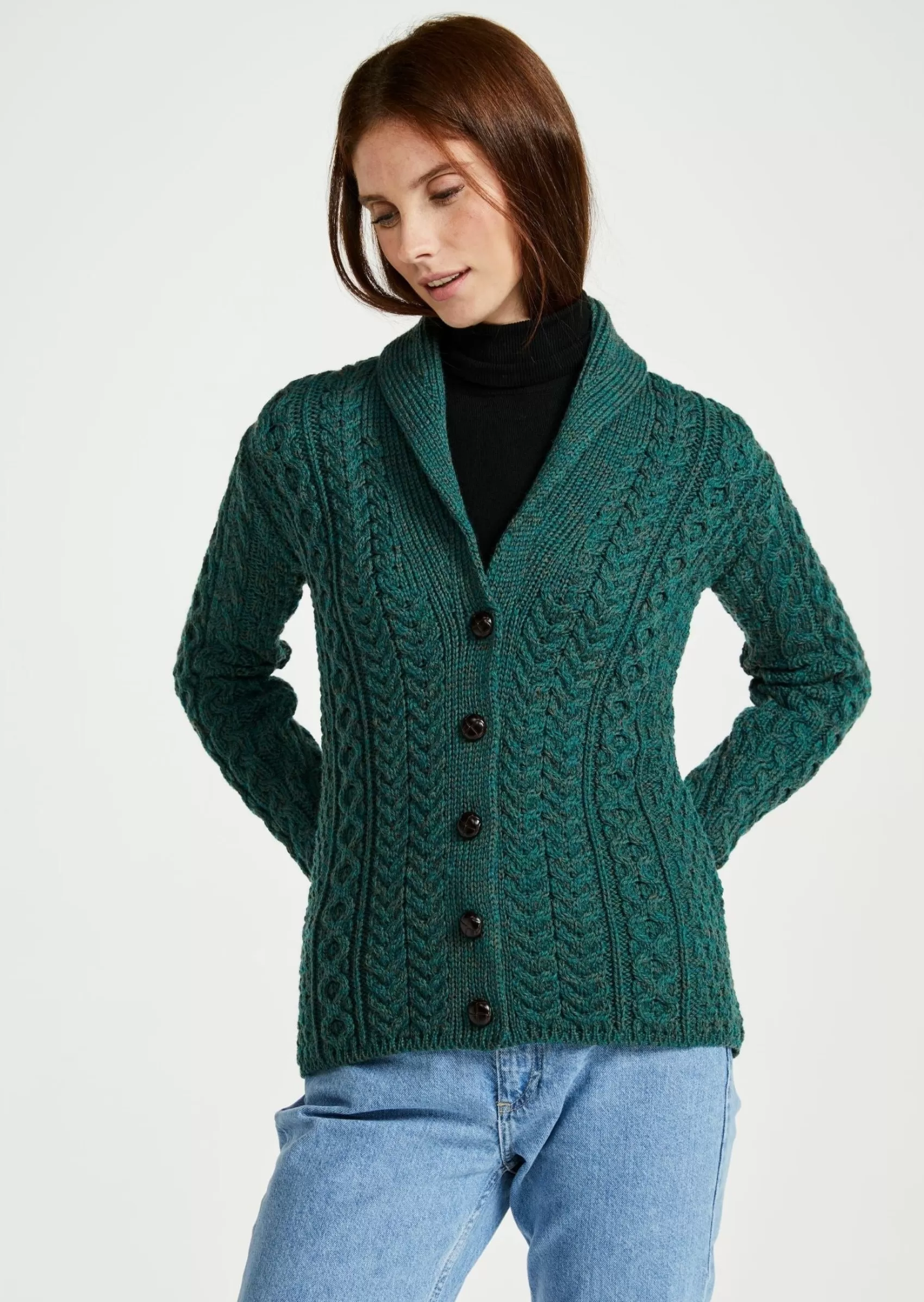 Aran Sweaters | Aran Cardigans^Aran Woollen Mills Shawl Collar Aran Cardigan | Connemara Green