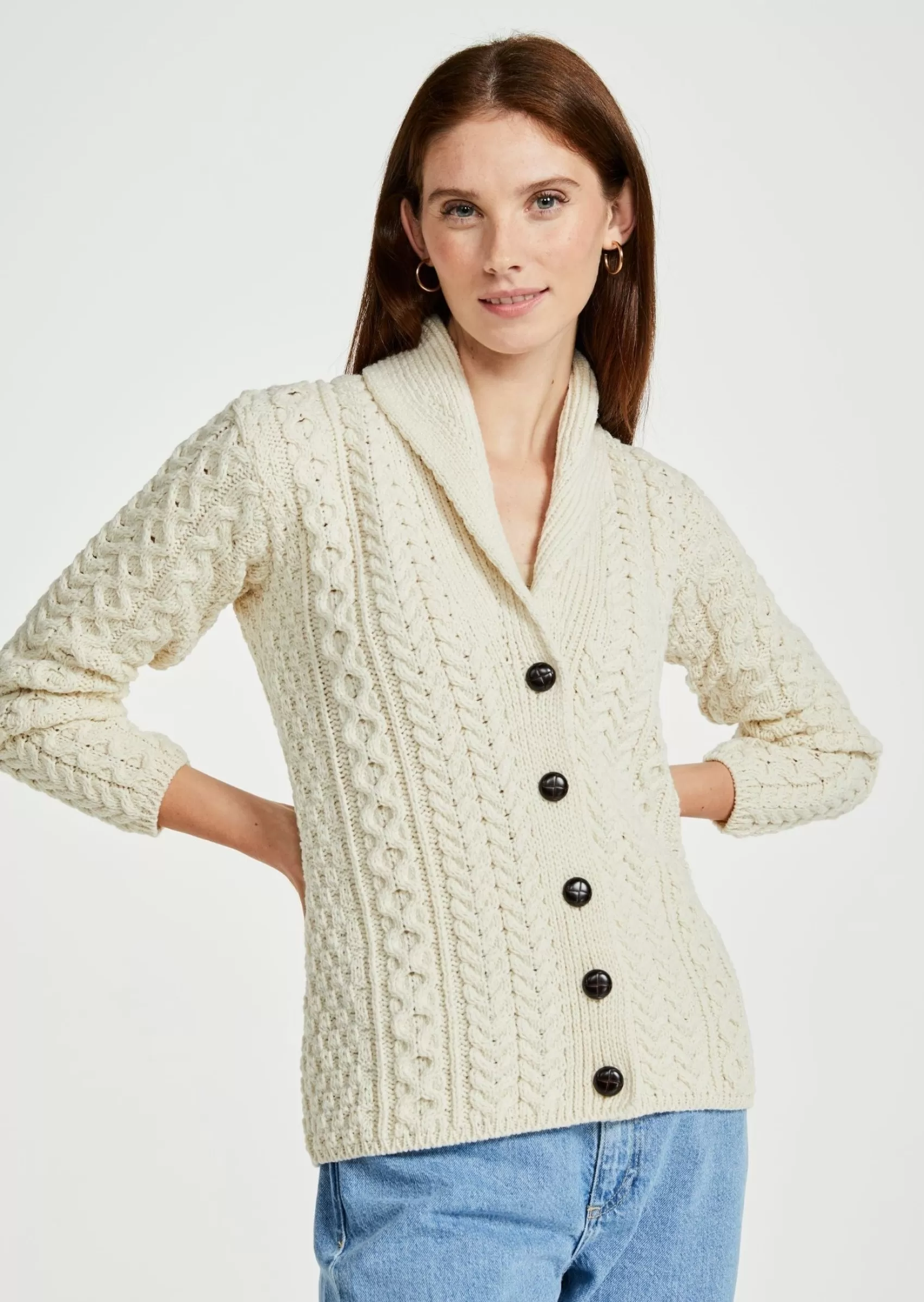 Aran Sweaters | Aran Cardigans^Aran Woollen Mills Shawl Collar Aran Cardigan | Natural