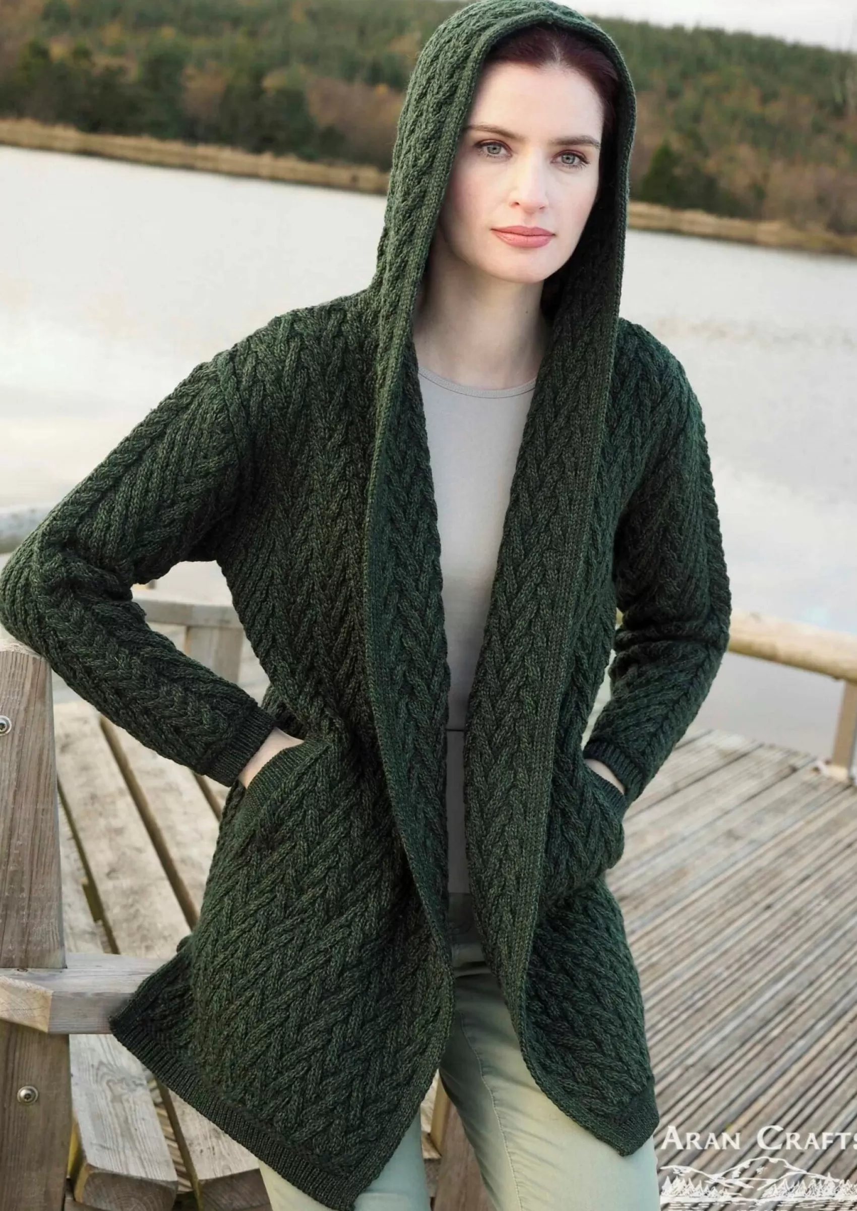 Aran Sweaters | Aran Cardigans^Aran Crafts Shawl Hooded Aran Cardigan | Green