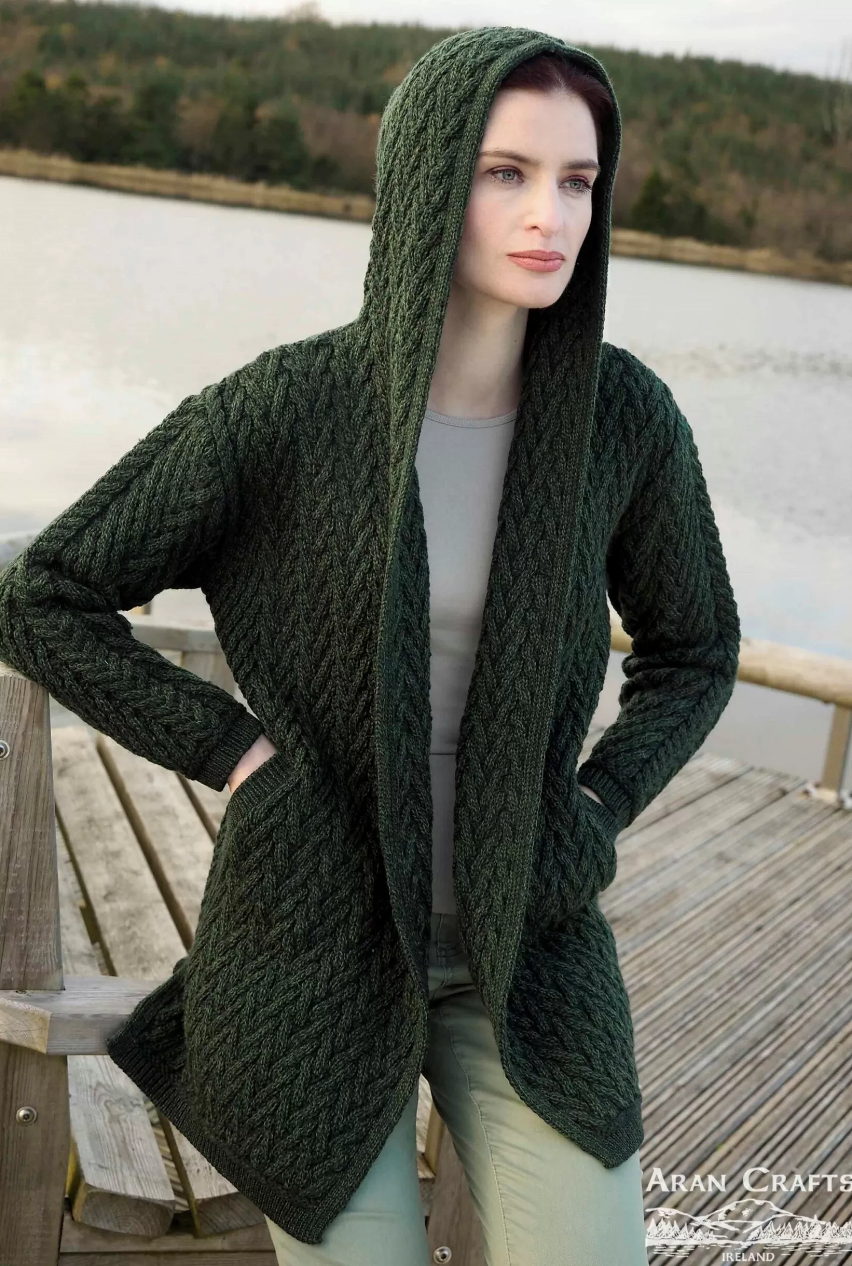 Aran Sweaters | Aran Cardigans^Aran Crafts Shawl Hooded Aran Cardigan | Green