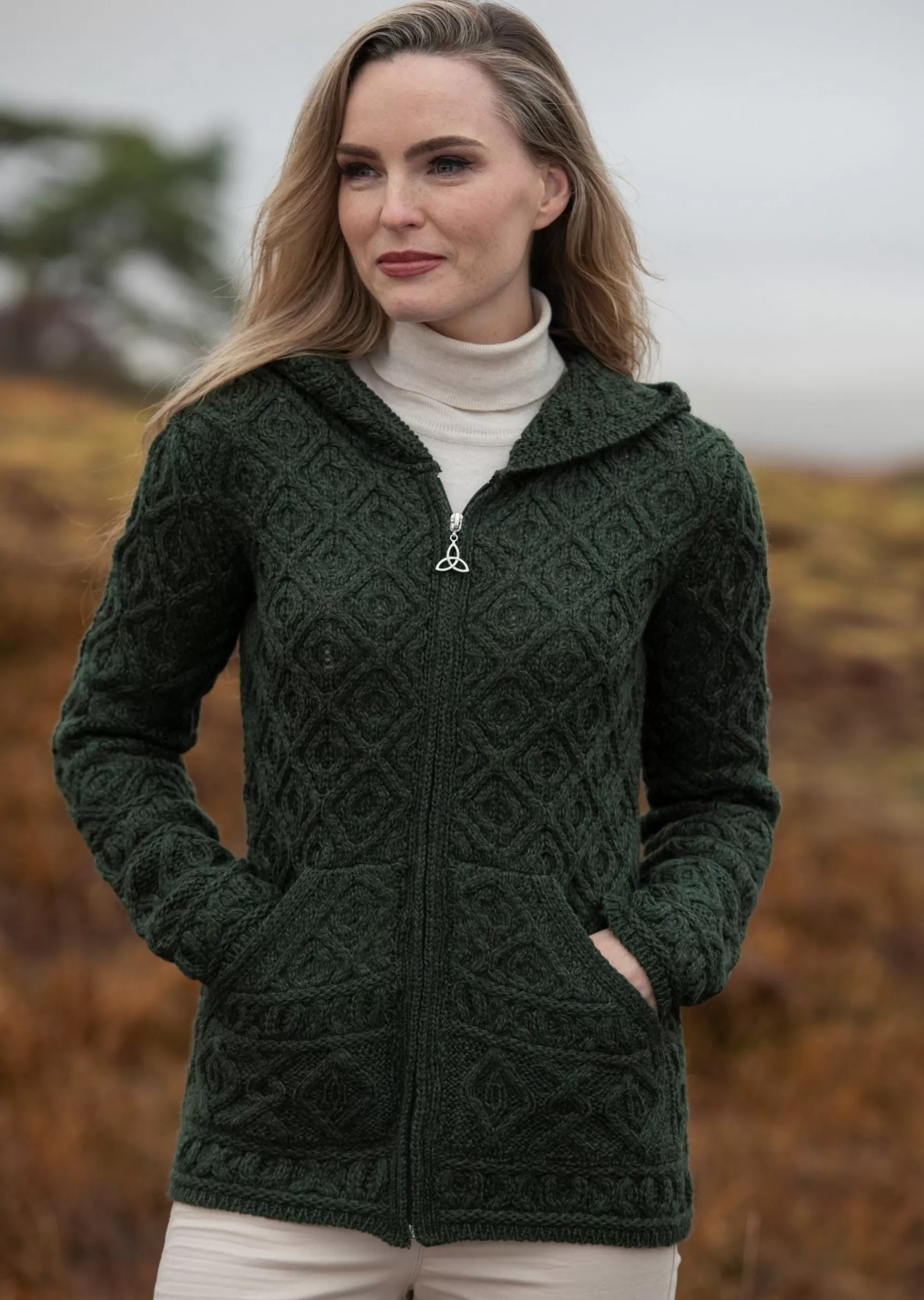 Aran Sweaters | Aran Cardigans^Aran Crafts Skellig Aran Zip Cardigan With Hood | Green