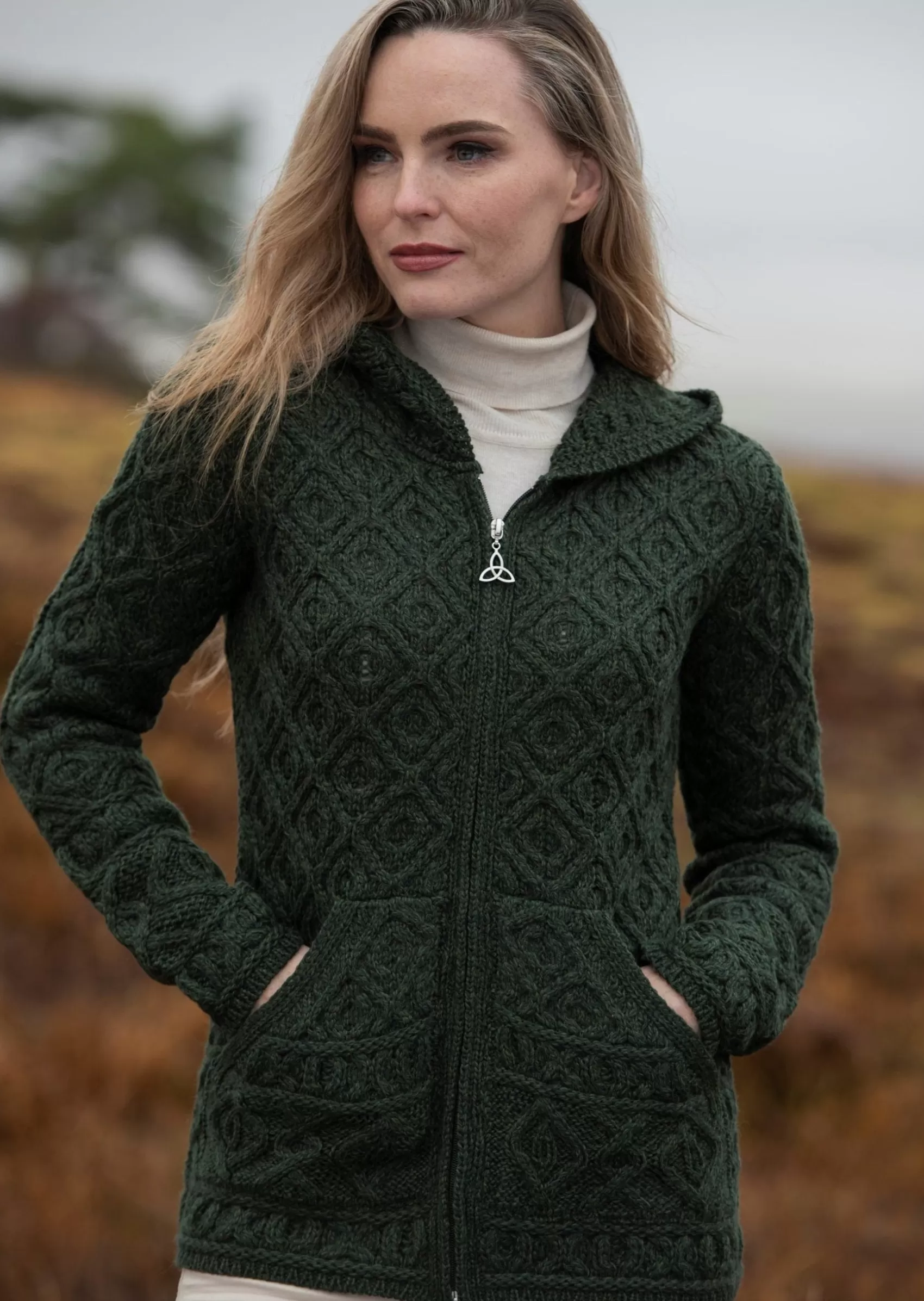 Aran Sweaters | Aran Cardigans^Aran Crafts Skellig Aran Zip Cardigan With Hood | Green