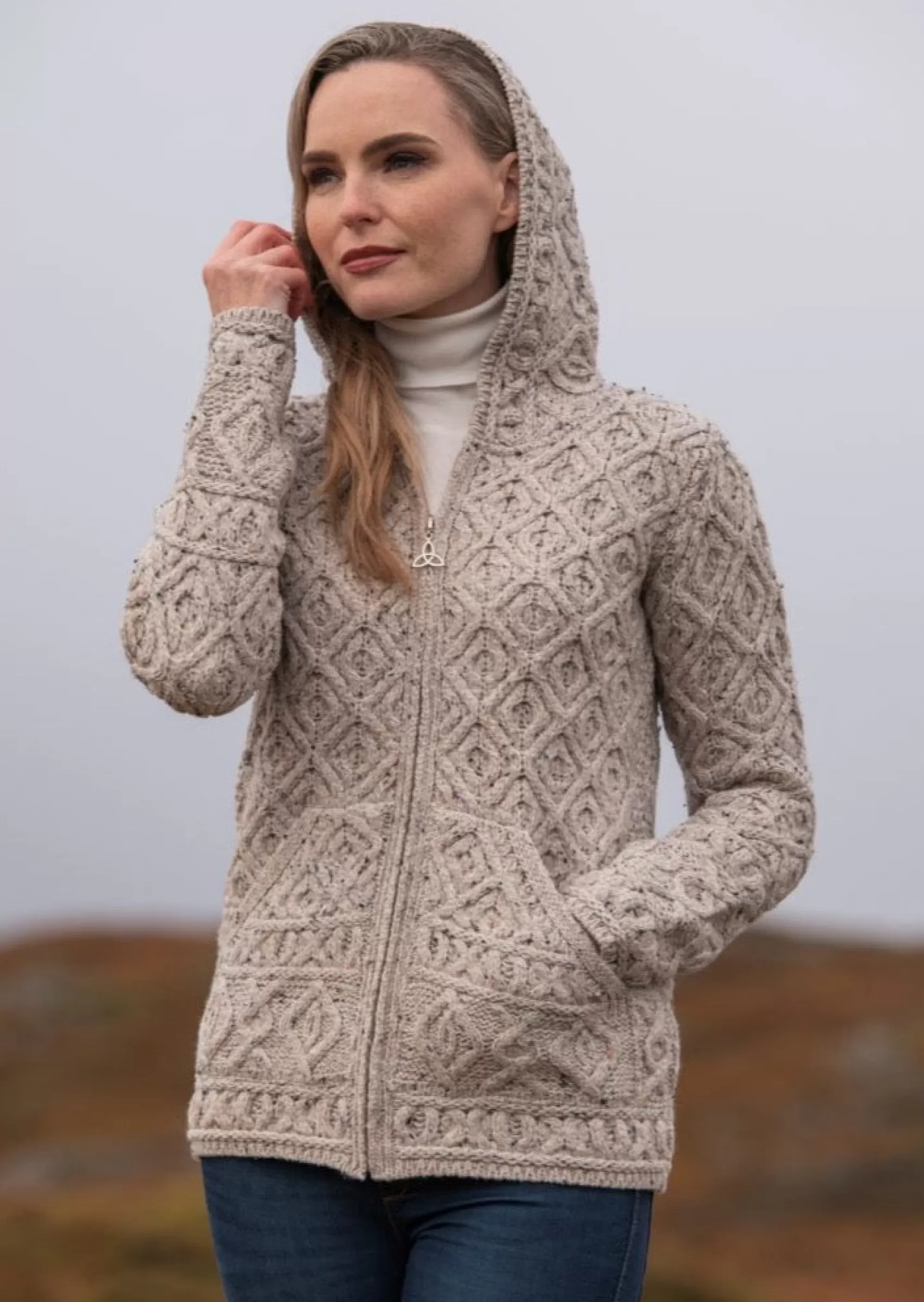 Aran Sweaters | Aran Cardigans^Aran Crafts Skellig Aran Zip Cardigan With Hood | Oatmeal