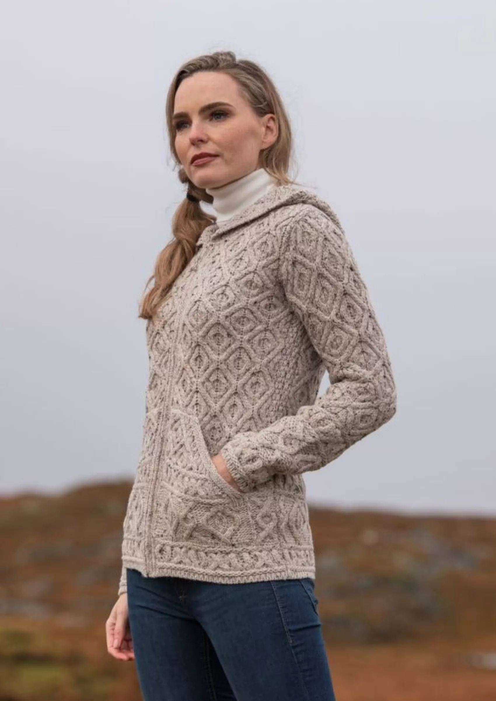 Aran Sweaters | Aran Cardigans^Aran Crafts Skellig Aran Zip Cardigan With Hood | Oatmeal