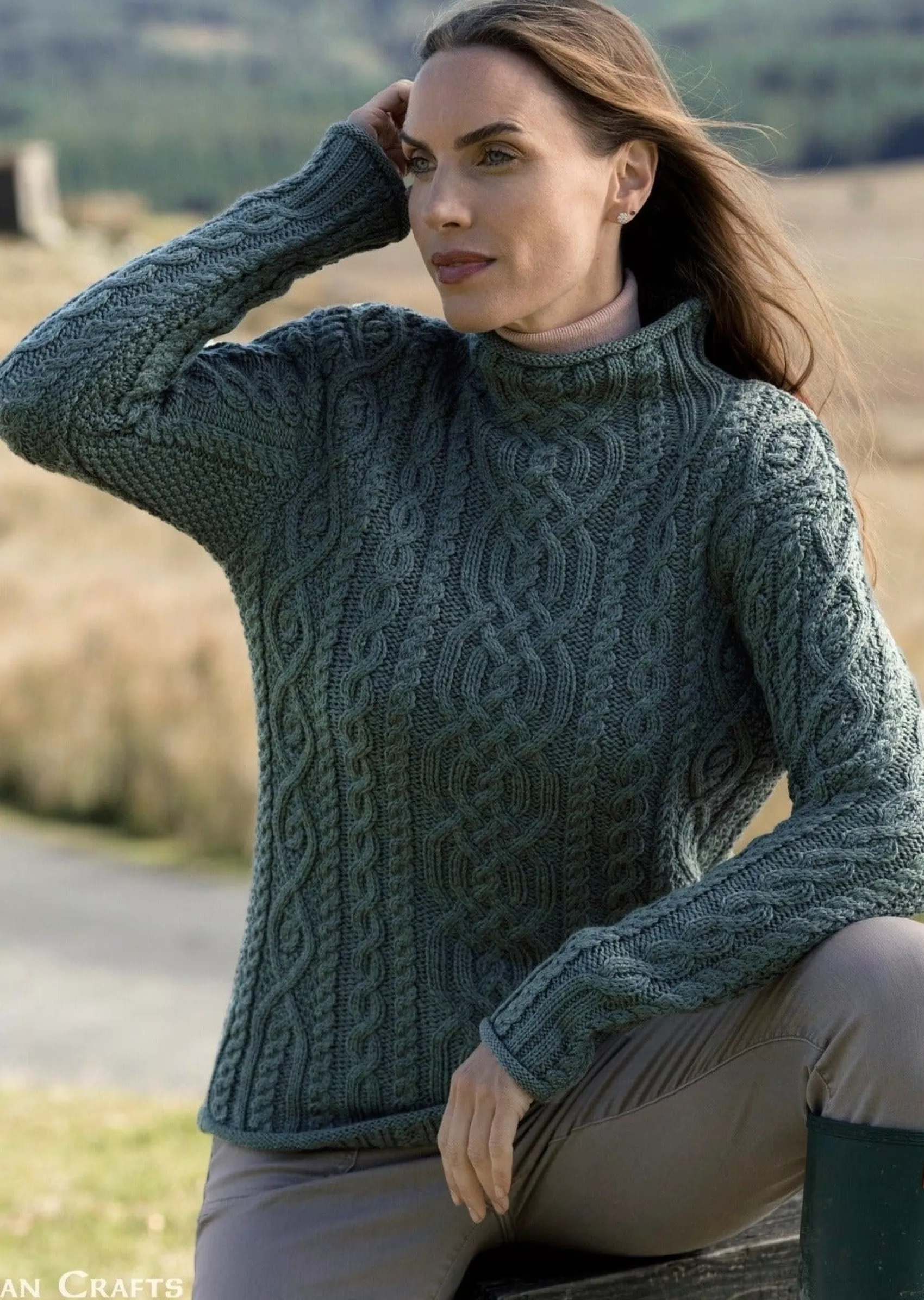 Aran Sweaters^Aran Crafts Super Soft Funnel Neck Aran Sweater | Green