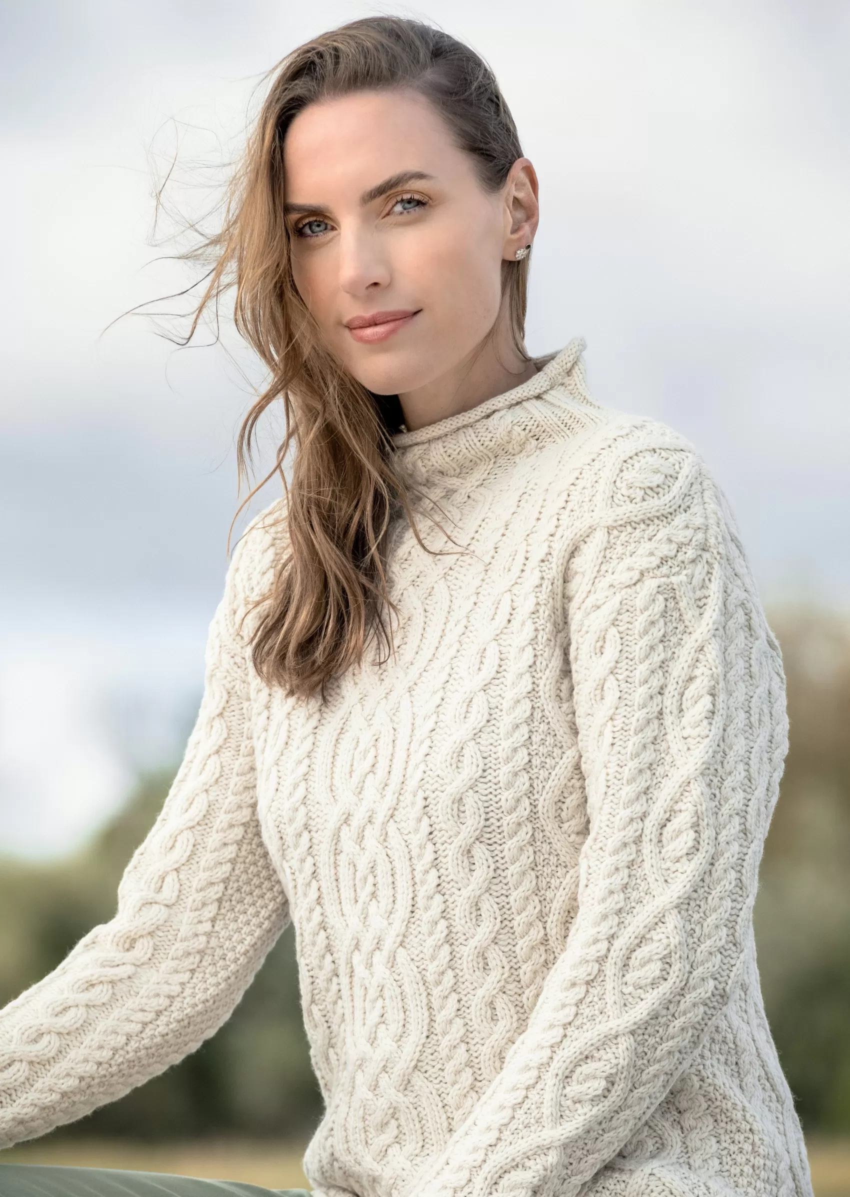 Aran Sweaters^Aran Crafts Super Soft Funnel Neck Aran Sweater | Natural