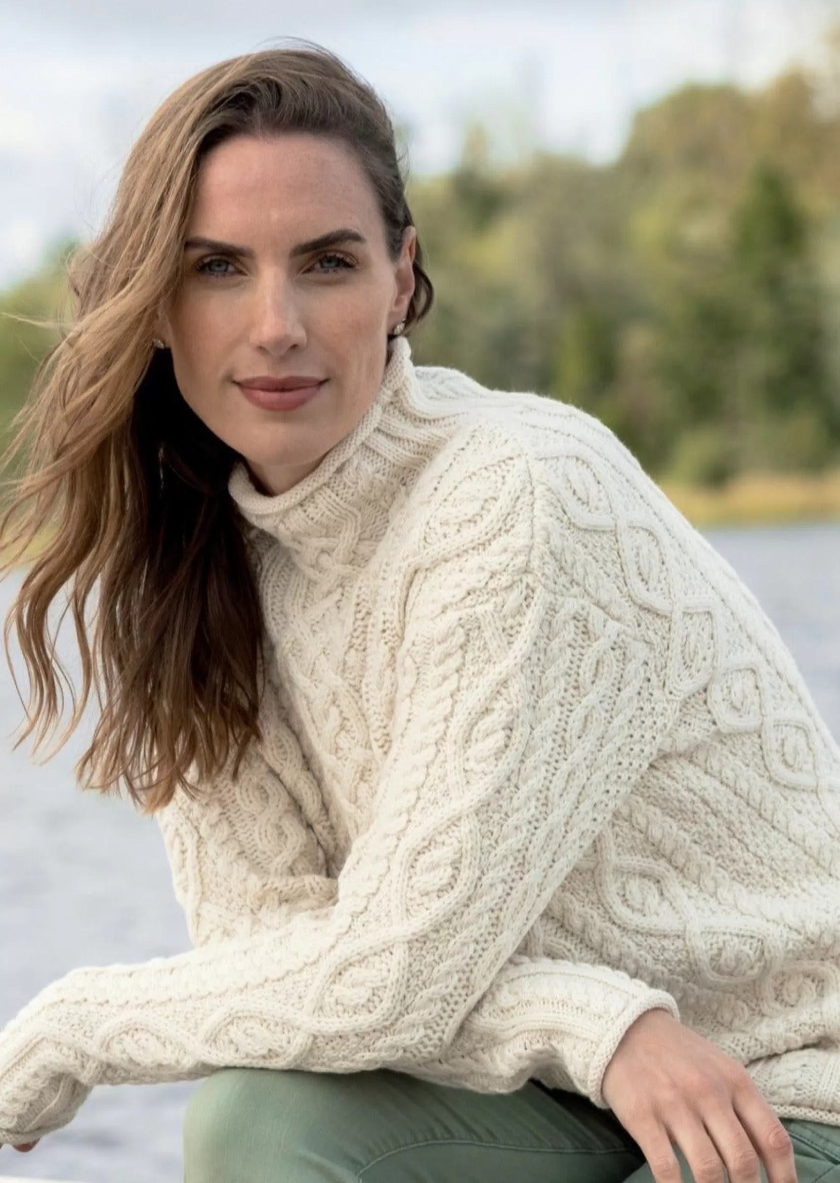 Aran Sweaters^Aran Crafts Super Soft Funnel Neck Aran Sweater | Natural